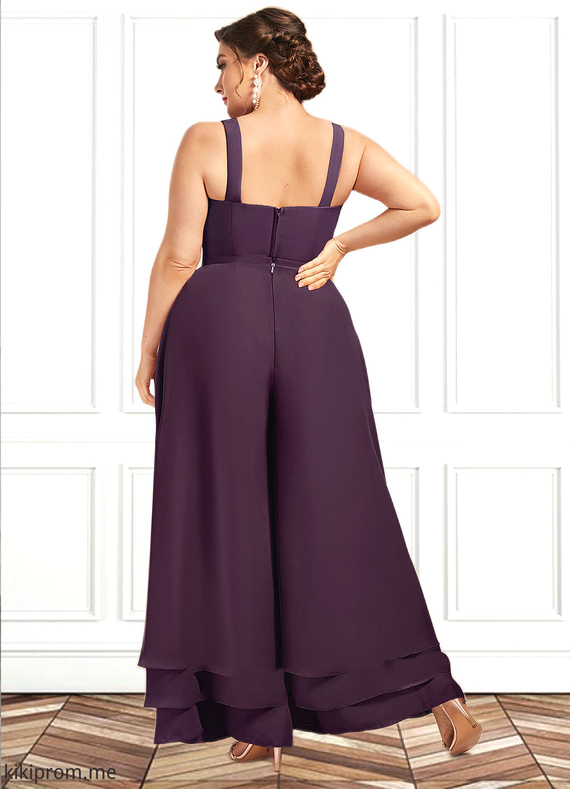 Brylee Jumpsuit/Pantsuit Square Neckline Ankle-Length Chiffon Lace Mother of the Bride Dress With Sequins STF126P0014676