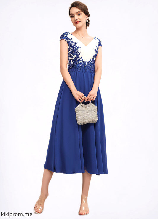 Rory A-Line V-neck Tea-Length Chiffon Mother of the Bride Dress With Ruffle Lace STF126P0014677