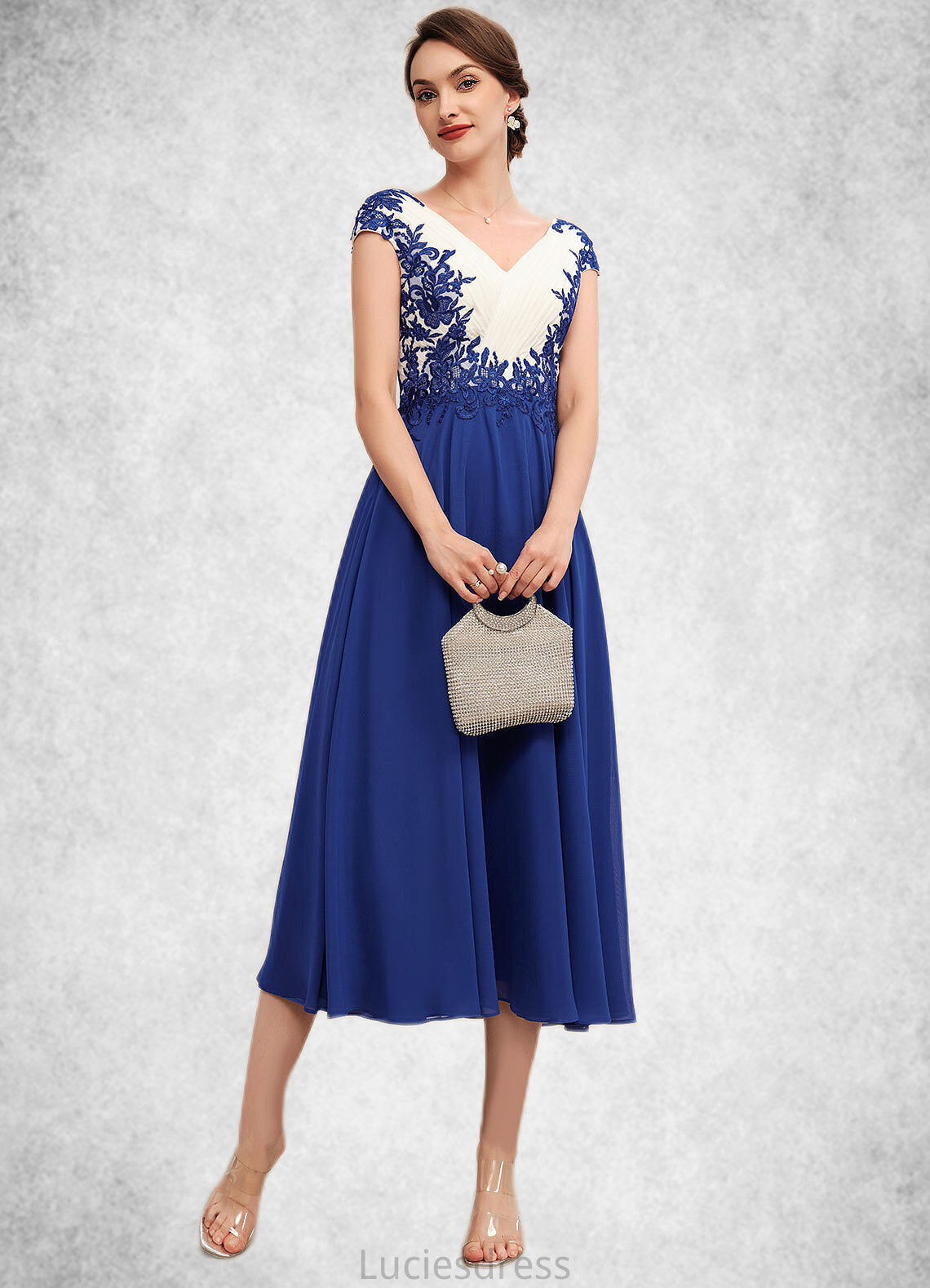 Lilith A-Line V-neck Tea-Length Chiffon Mother of the Bride Dress With Ruffle Lace HF126P0014677