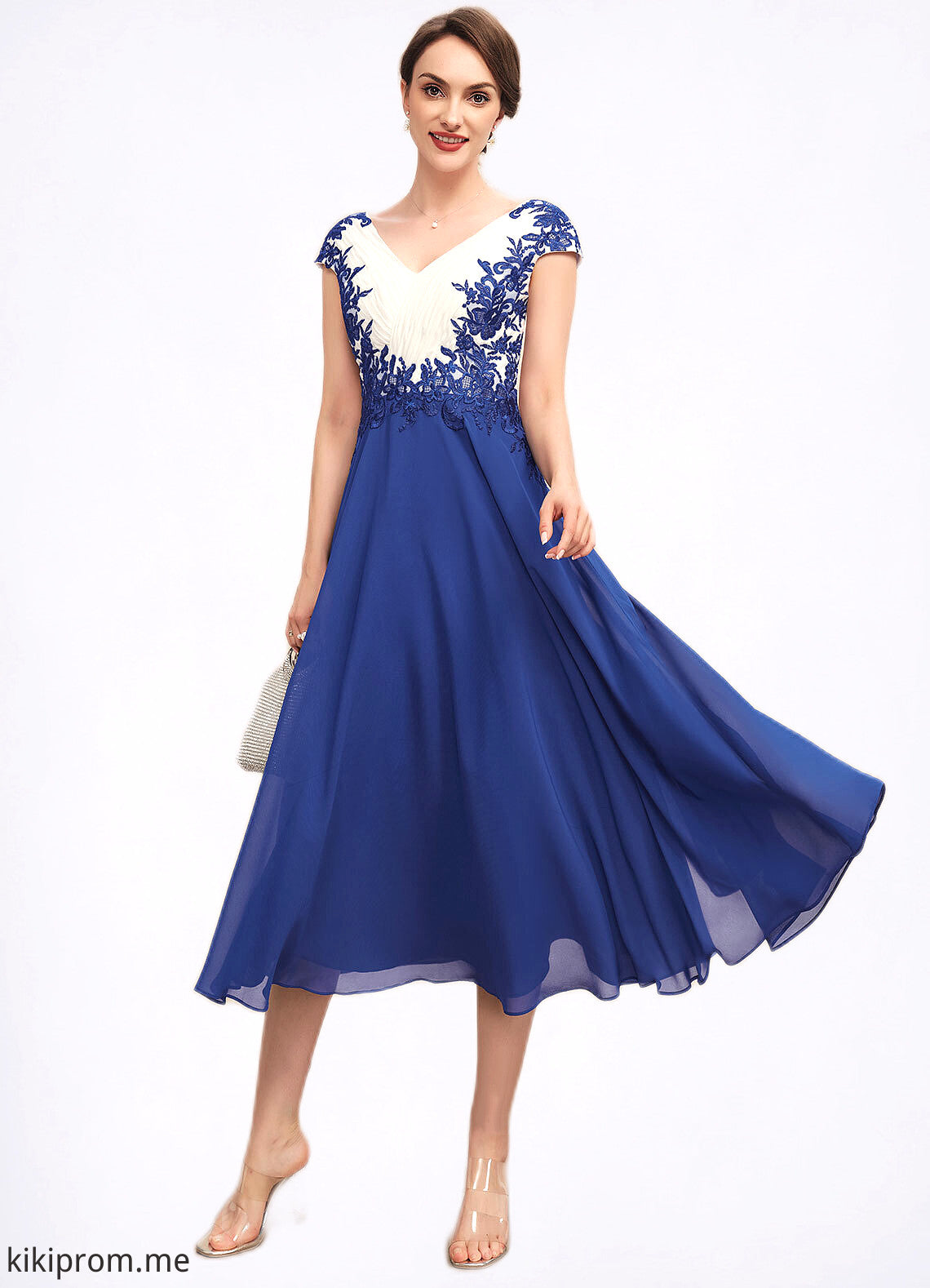 Rory A-Line V-neck Tea-Length Chiffon Mother of the Bride Dress With Ruffle Lace STF126P0014677