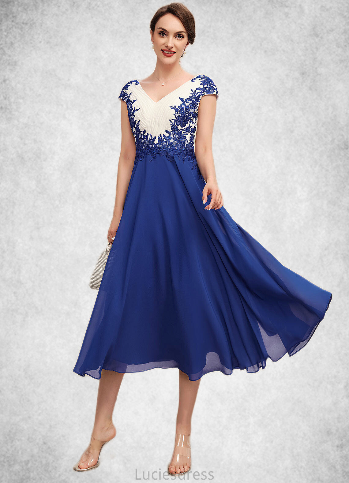 Lilith A-Line V-neck Tea-Length Chiffon Mother of the Bride Dress With Ruffle Lace HF126P0014677