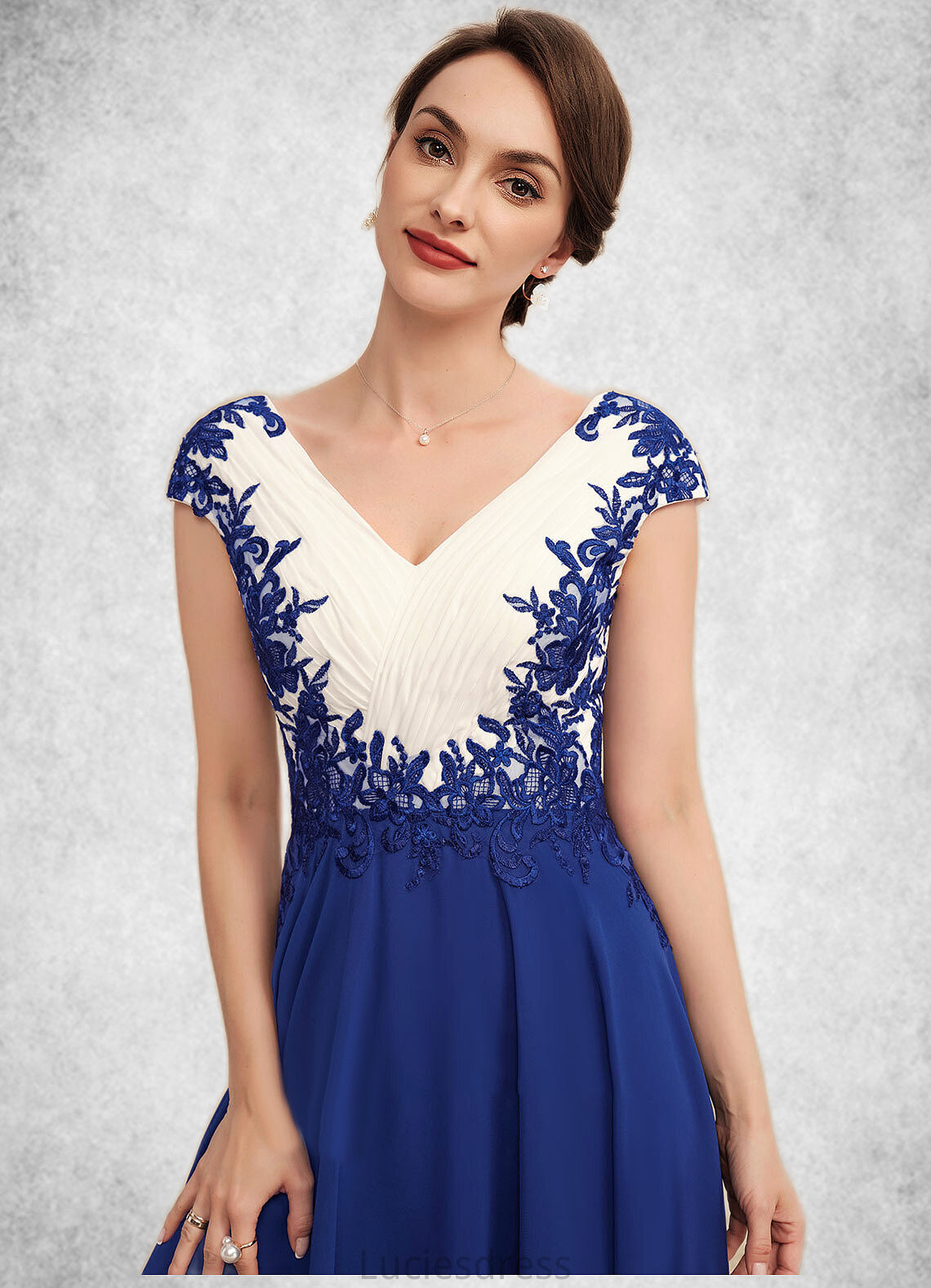 Lilith A-Line V-neck Tea-Length Chiffon Mother of the Bride Dress With Ruffle Lace HF126P0014677