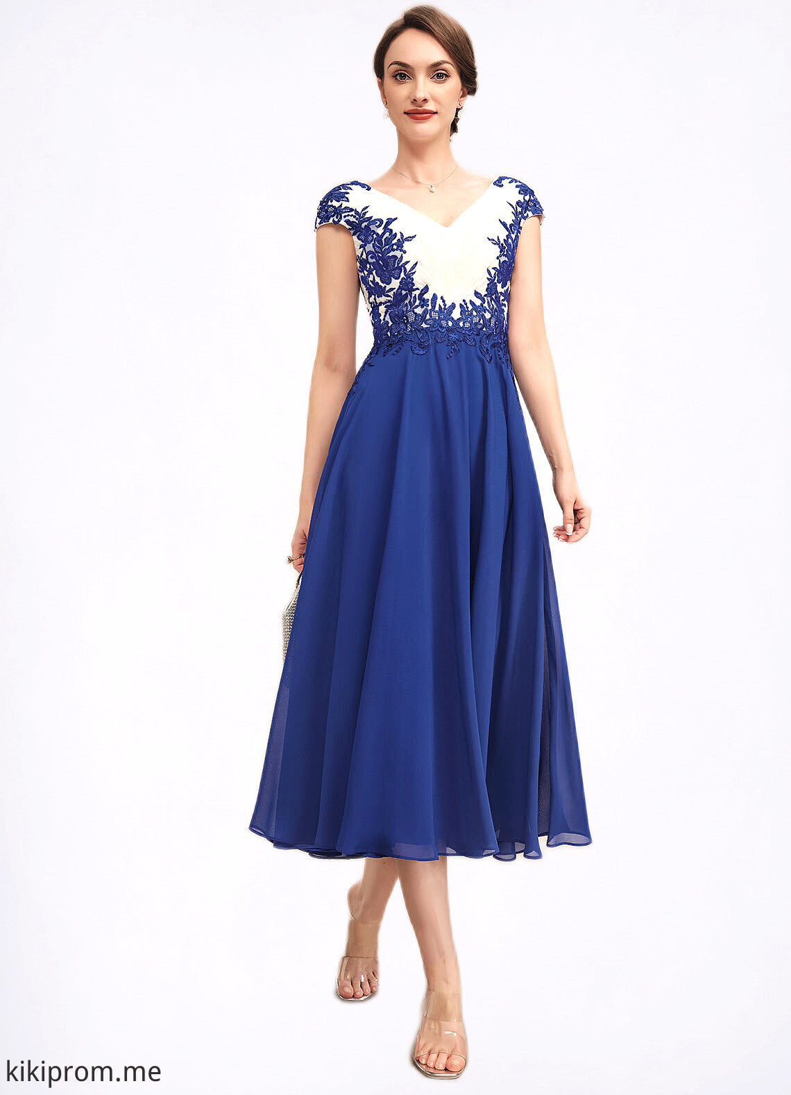 Rory A-Line V-neck Tea-Length Chiffon Mother of the Bride Dress With Ruffle Lace STF126P0014677