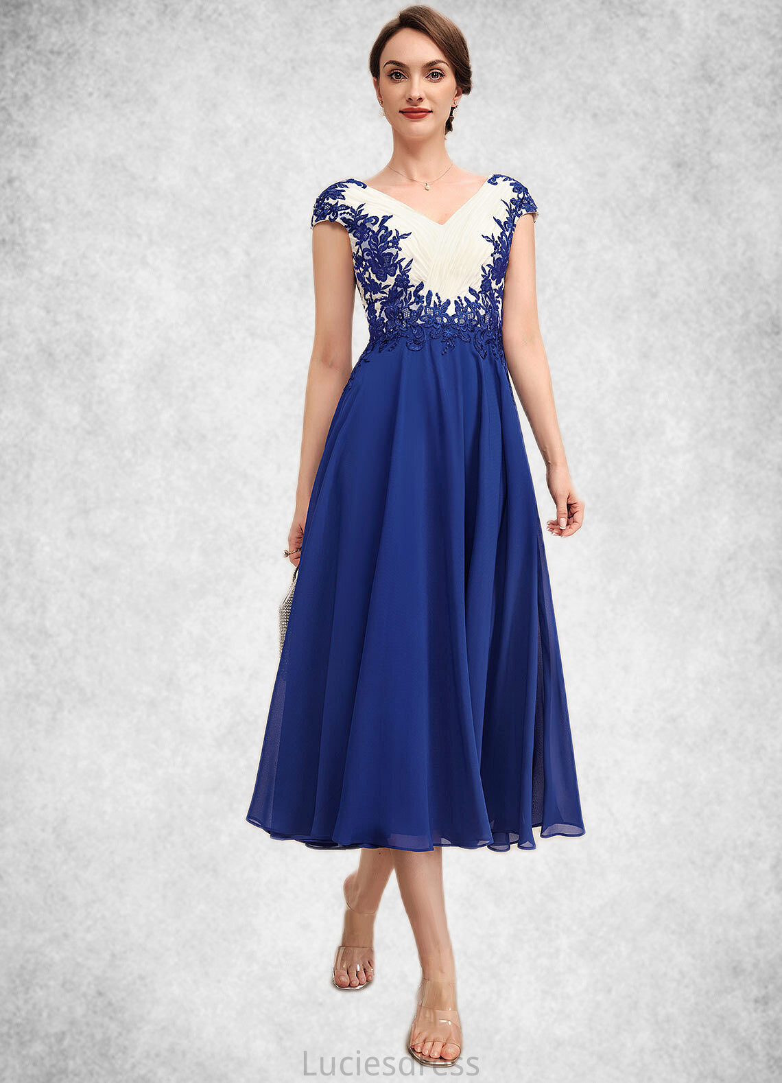 Lilith A-Line V-neck Tea-Length Chiffon Mother of the Bride Dress With Ruffle Lace HF126P0014677