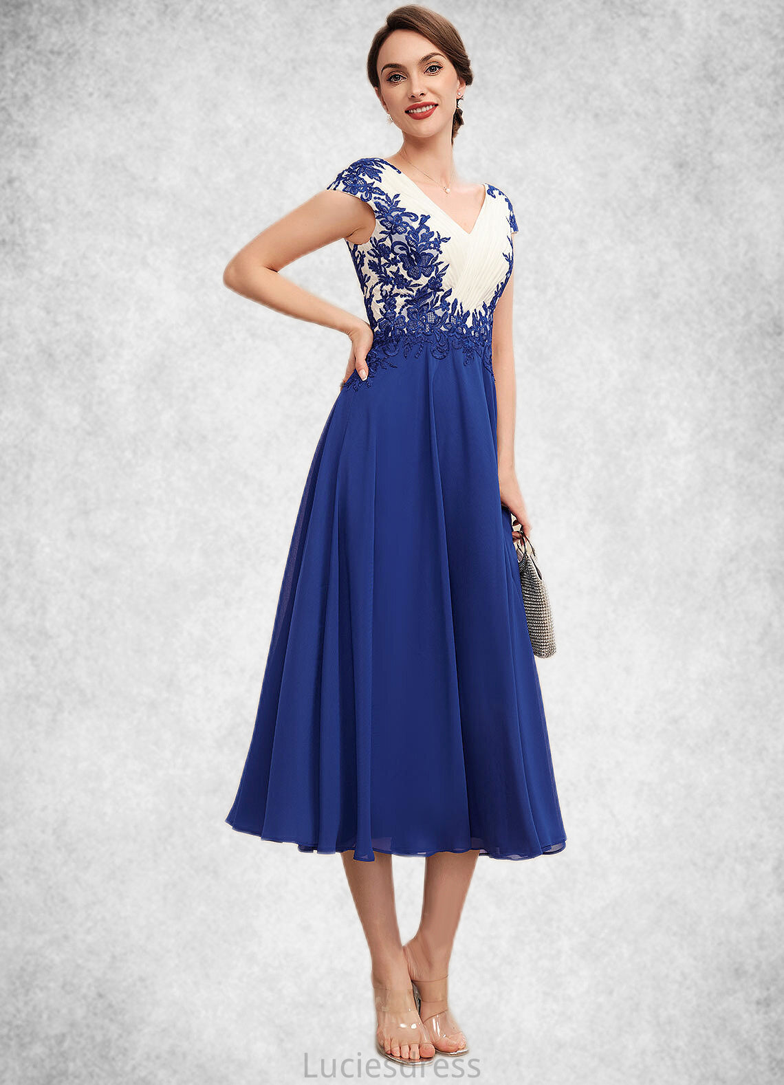 Lilith A-Line V-neck Tea-Length Chiffon Mother of the Bride Dress With Ruffle Lace HF126P0014677