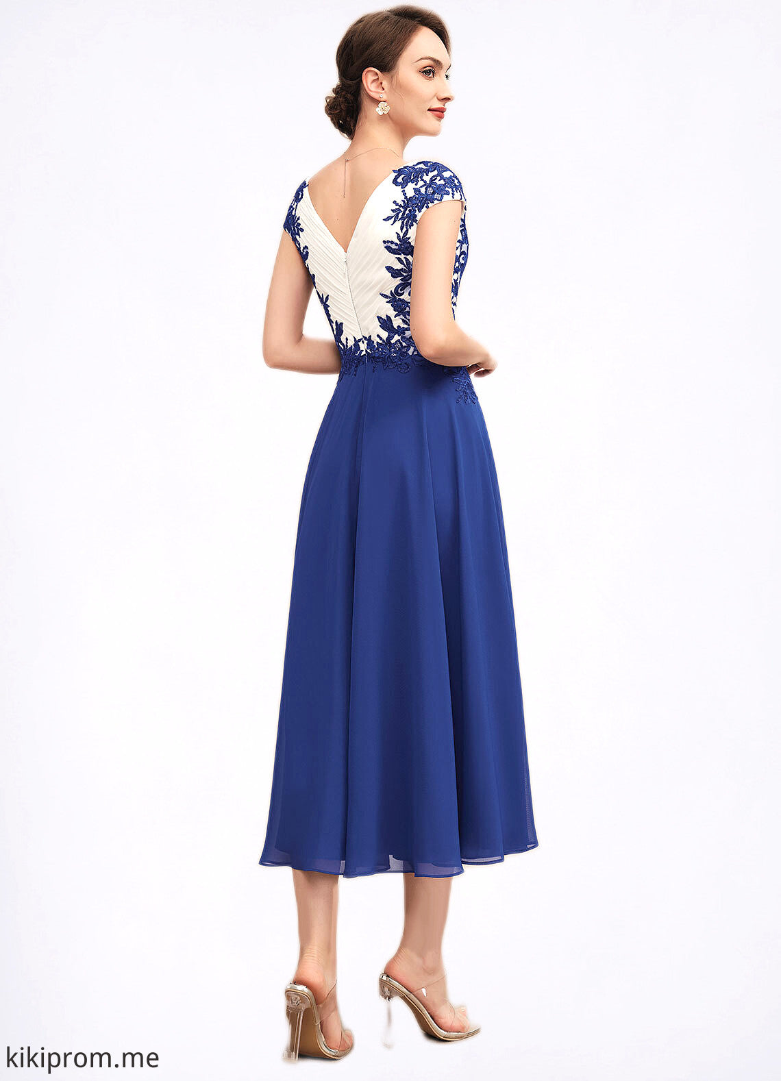 Rory A-Line V-neck Tea-Length Chiffon Mother of the Bride Dress With Ruffle Lace STF126P0014677