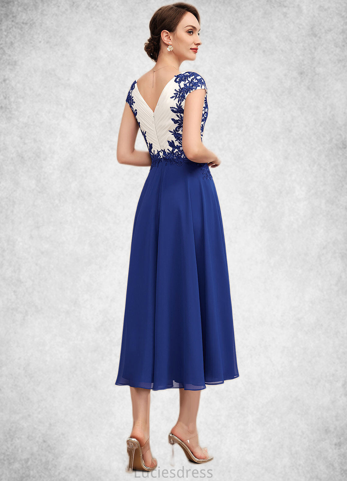 Lilith A-Line V-neck Tea-Length Chiffon Mother of the Bride Dress With Ruffle Lace HF126P0014677