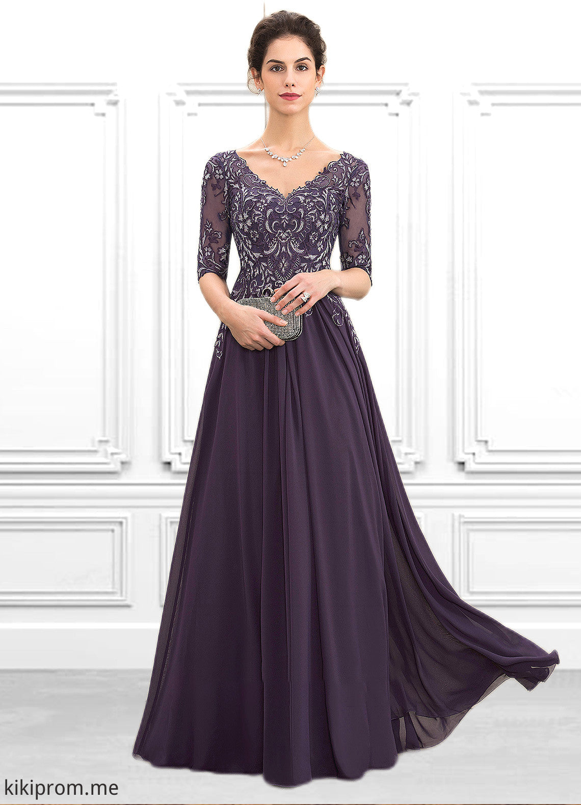 Serenity A-Line V-neck Floor-Length Chiffon Lace Mother of the Bride Dress STF126P0014678