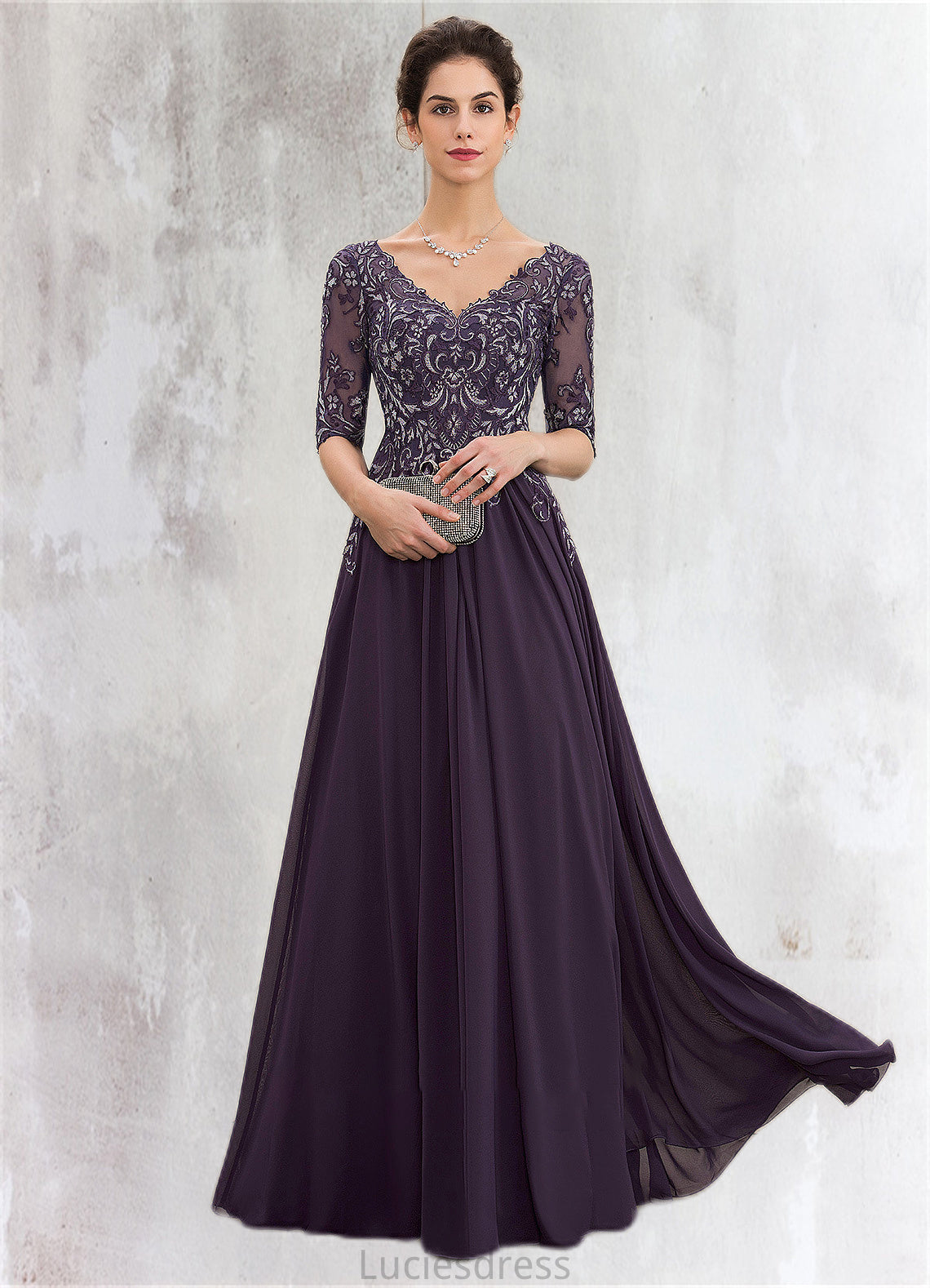 Jordyn A-Line V-neck Floor-Length Chiffon Lace Mother of the Bride Dress HF126P0014678