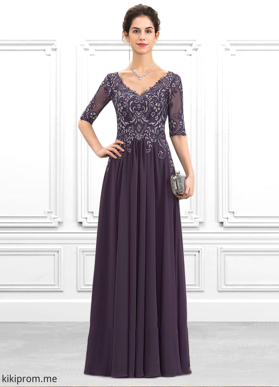 Serenity A-Line V-neck Floor-Length Chiffon Lace Mother of the Bride Dress STF126P0014678