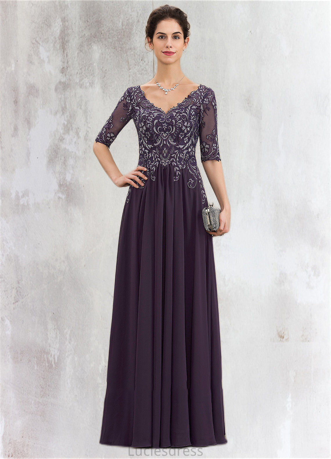 Jordyn A-Line V-neck Floor-Length Chiffon Lace Mother of the Bride Dress HF126P0014678