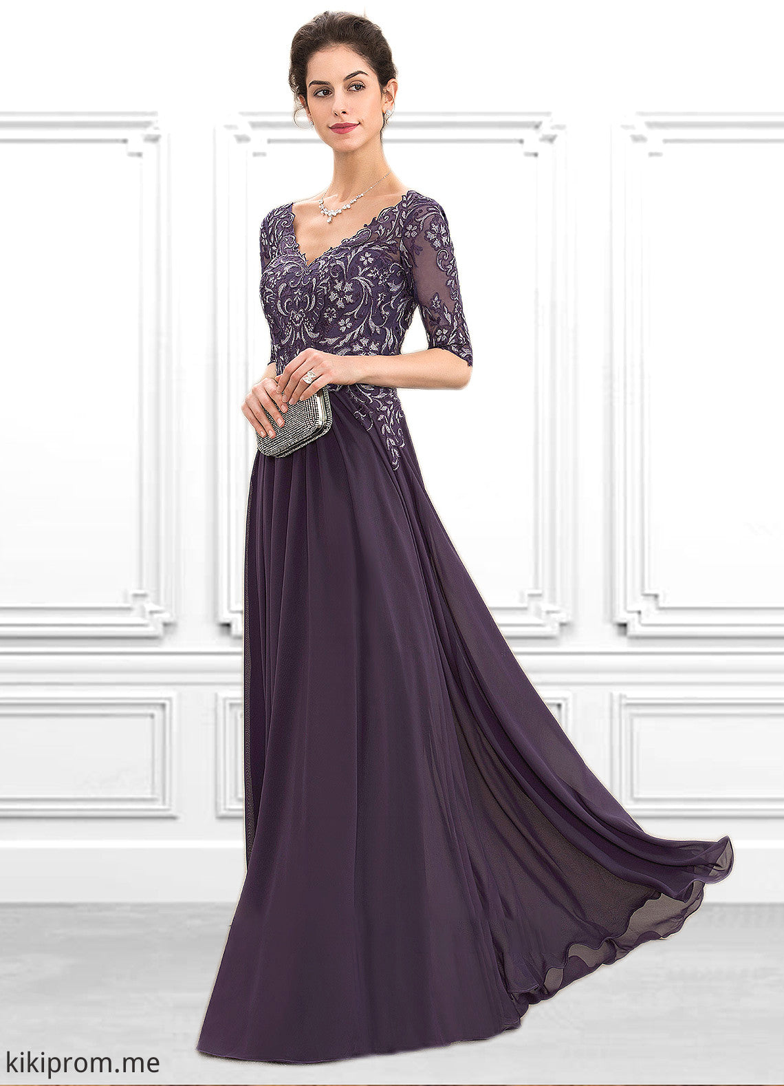 Serenity A-Line V-neck Floor-Length Chiffon Lace Mother of the Bride Dress STF126P0014678