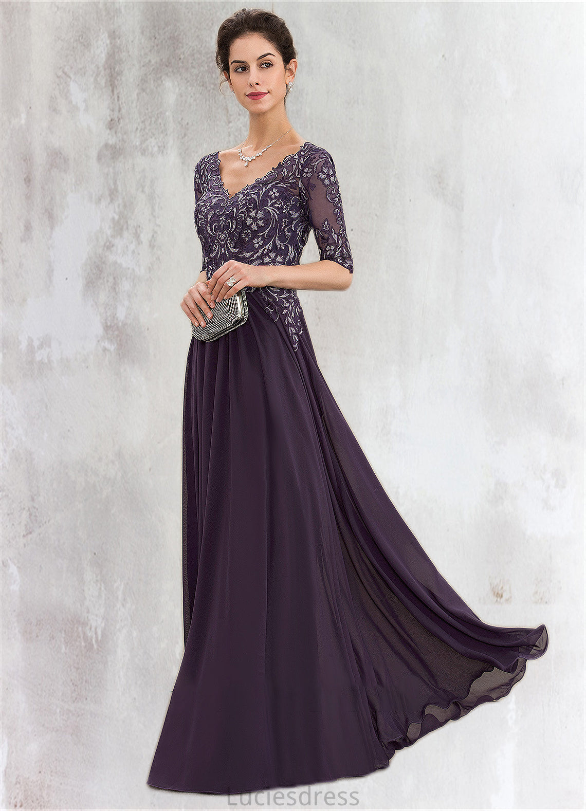 Jordyn A-Line V-neck Floor-Length Chiffon Lace Mother of the Bride Dress HF126P0014678