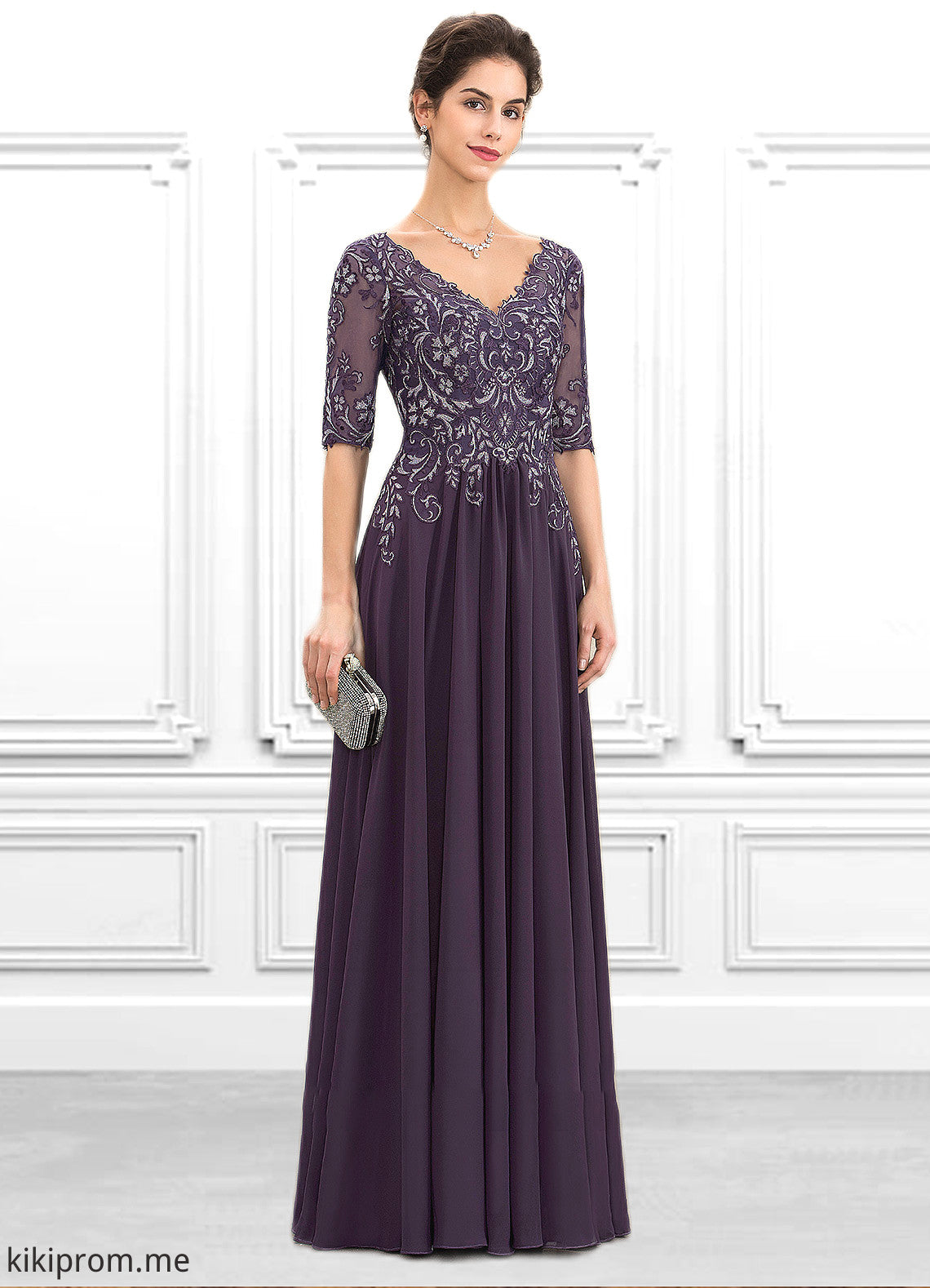 Serenity A-Line V-neck Floor-Length Chiffon Lace Mother of the Bride Dress STF126P0014678