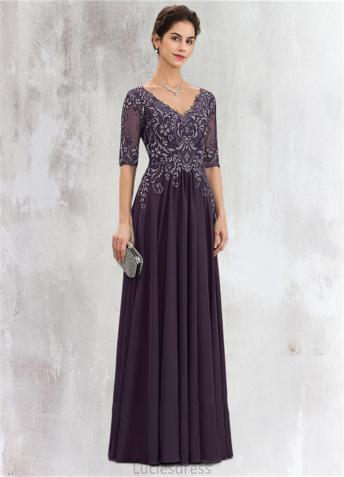 Jordyn A-Line V-neck Floor-Length Chiffon Lace Mother of the Bride Dress HF126P0014678