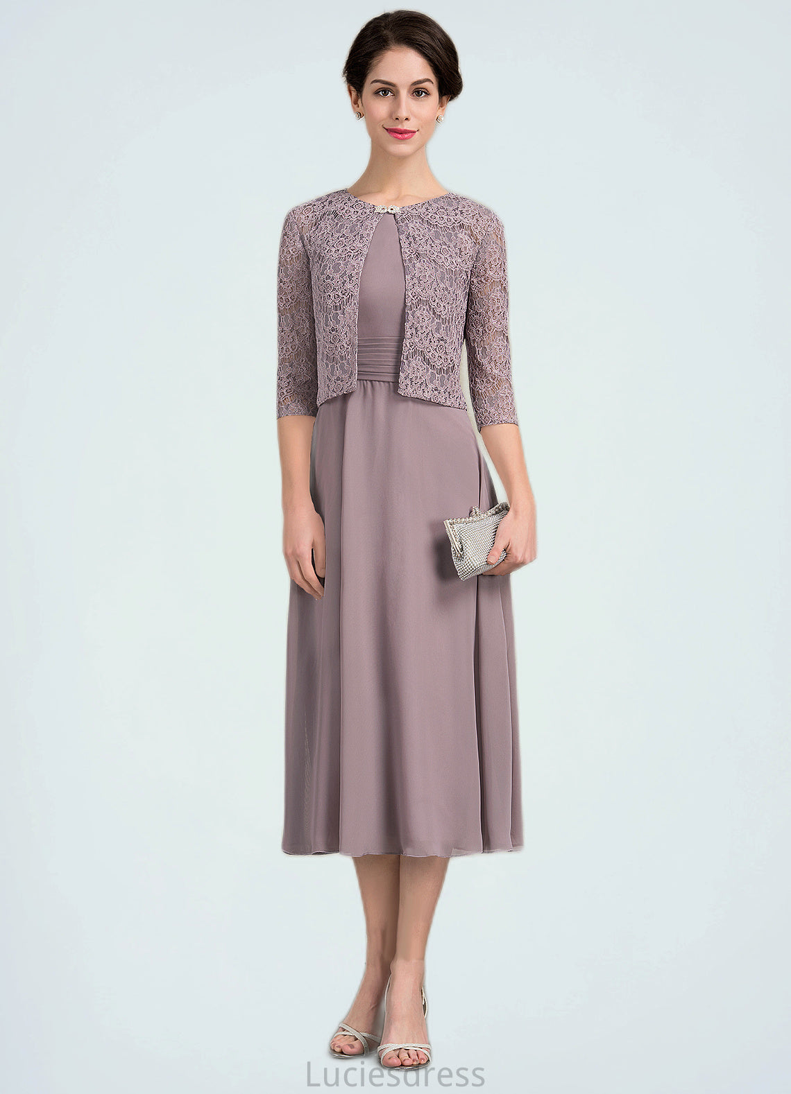 Eleanor A-Line Scoop Neck Tea-Length Chiffon Mother of the Bride Dress With Ruffle HF126P0014679