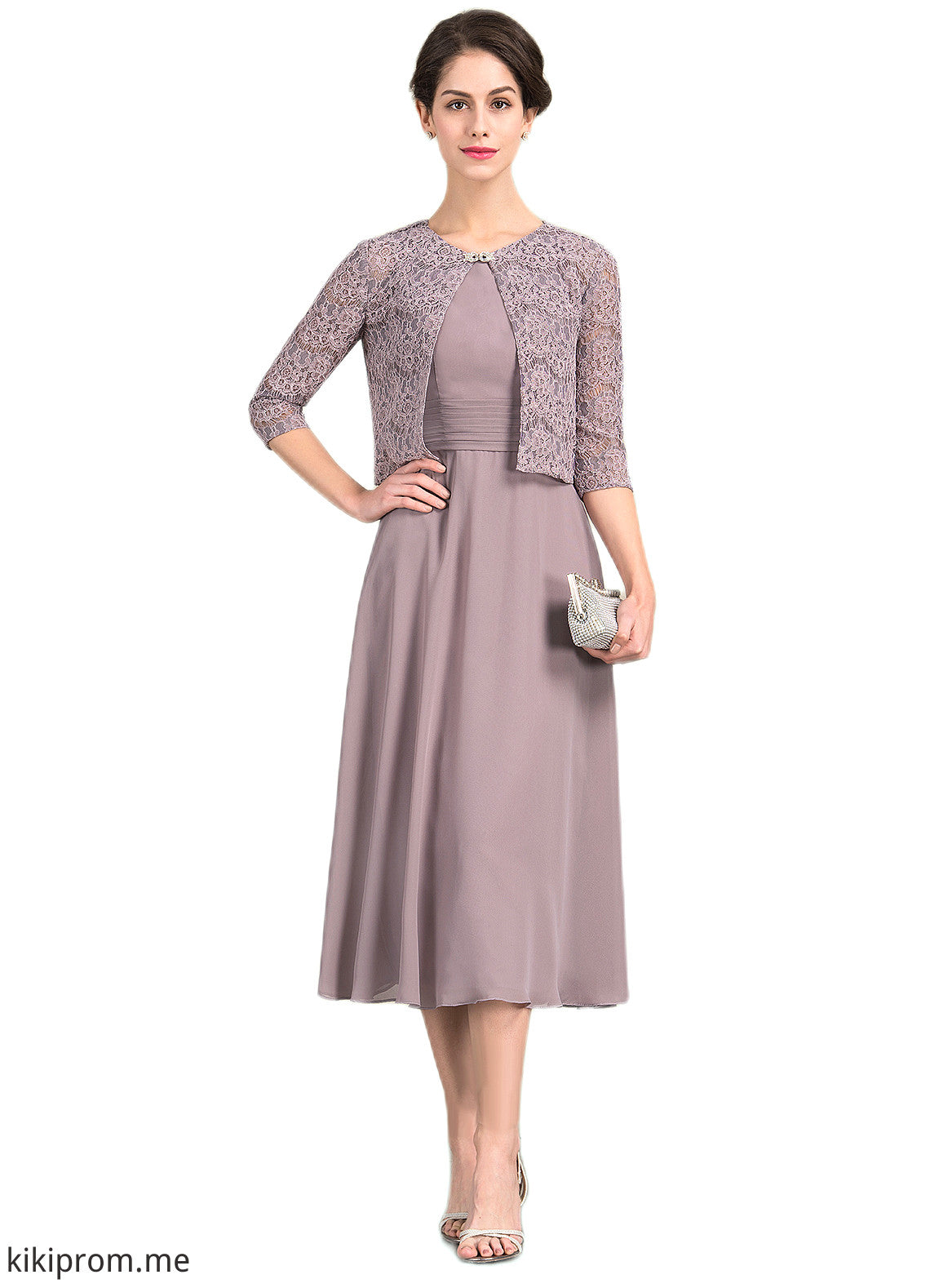 Dalia A-Line Scoop Neck Tea-Length Chiffon Mother of the Bride Dress With Ruffle STF126P0014679