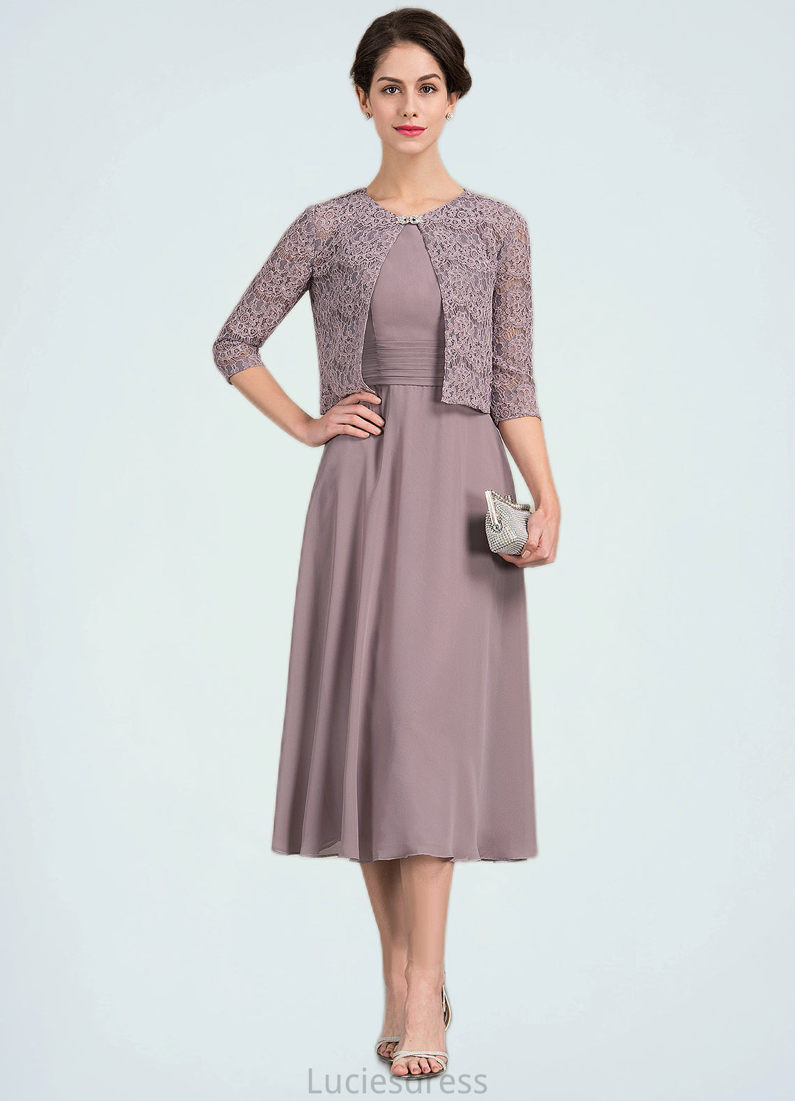 Eleanor A-Line Scoop Neck Tea-Length Chiffon Mother of the Bride Dress With Ruffle HF126P0014679