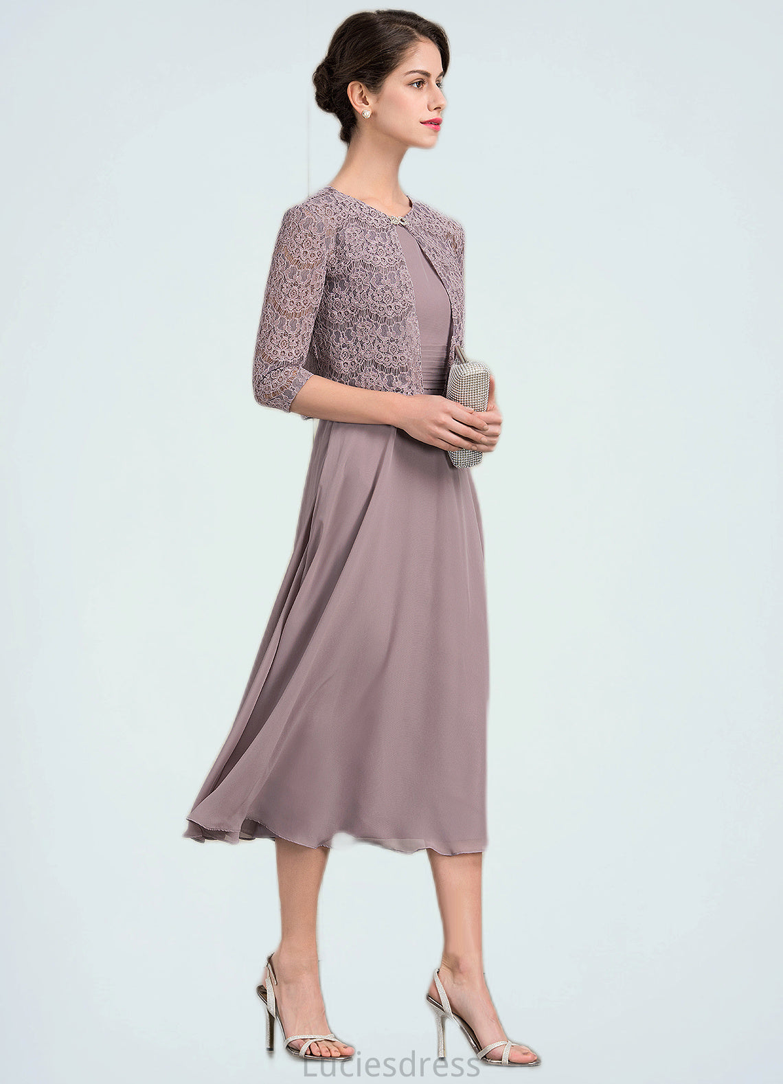 Eleanor A-Line Scoop Neck Tea-Length Chiffon Mother of the Bride Dress With Ruffle HF126P0014679