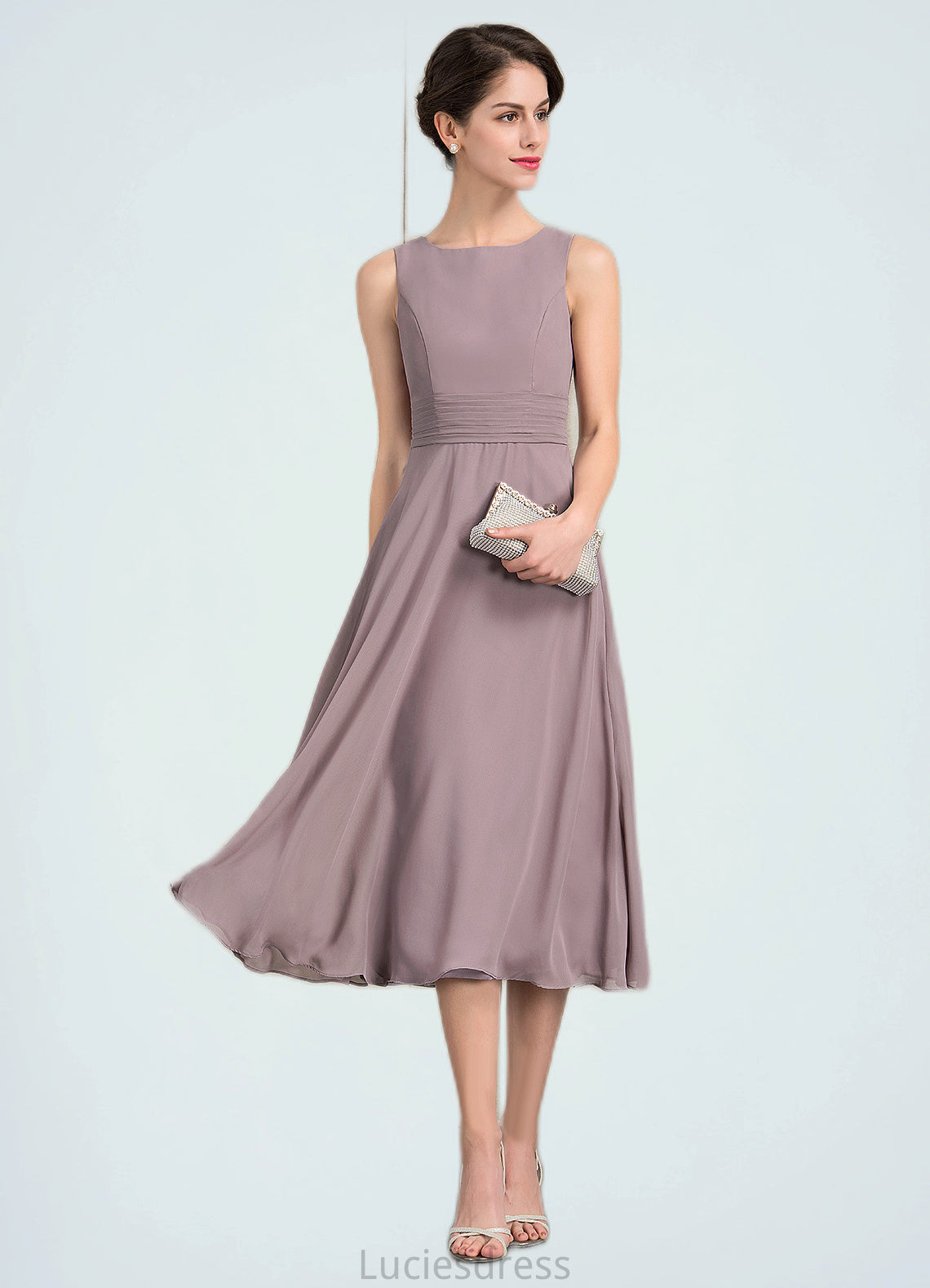 Eleanor A-Line Scoop Neck Tea-Length Chiffon Mother of the Bride Dress With Ruffle HF126P0014679