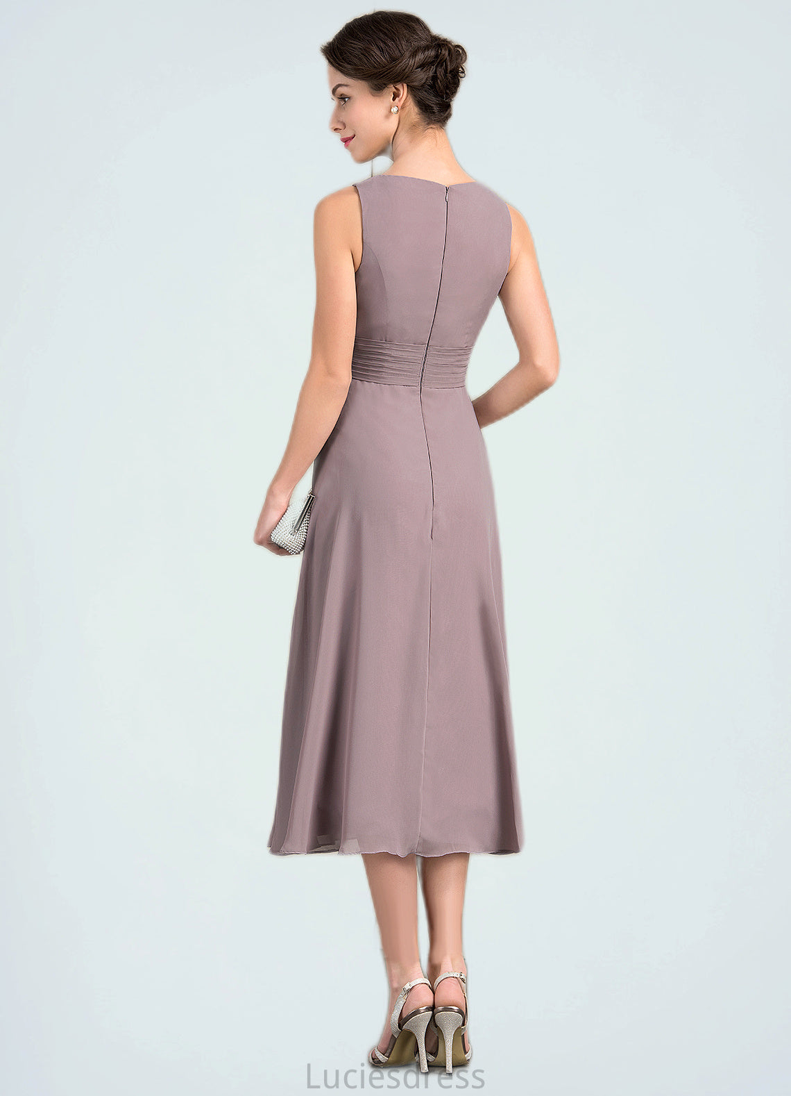 Eleanor A-Line Scoop Neck Tea-Length Chiffon Mother of the Bride Dress With Ruffle HF126P0014679