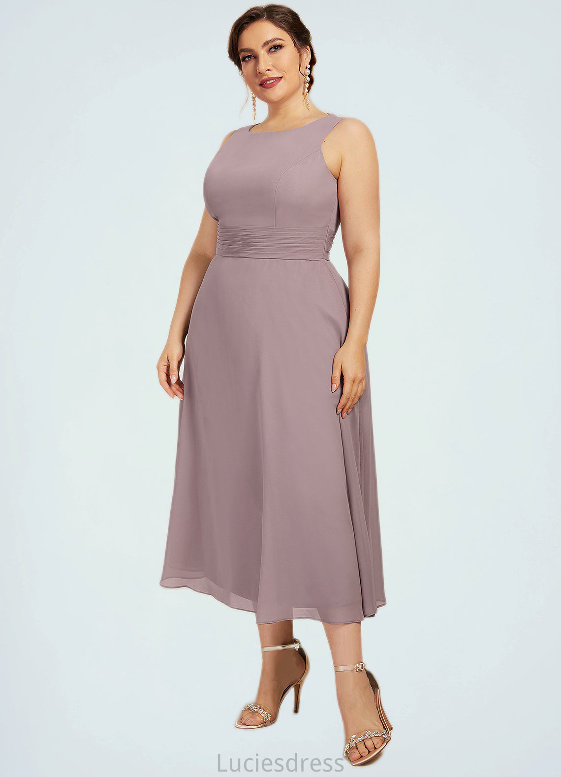 Eleanor A-Line Scoop Neck Tea-Length Chiffon Mother of the Bride Dress With Ruffle HF126P0014679