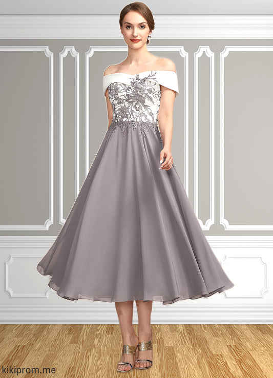 Taylor A-Line Off-the-Shoulder Tea-Length Chiffon Lace Mother of the Bride Dress STF126P0014680