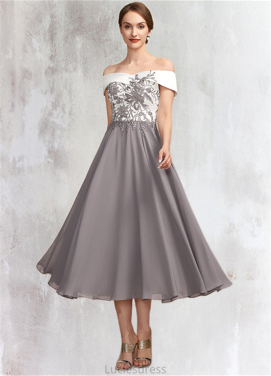 Sidney A-Line Off-the-Shoulder Tea-Length Chiffon Lace Mother of the Bride Dress HF126P0014680