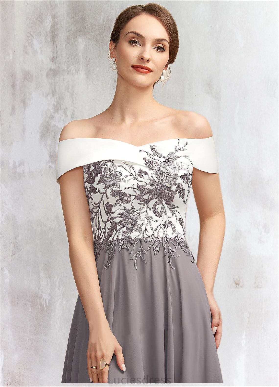 Sidney A-Line Off-the-Shoulder Tea-Length Chiffon Lace Mother of the Bride Dress HF126P0014680