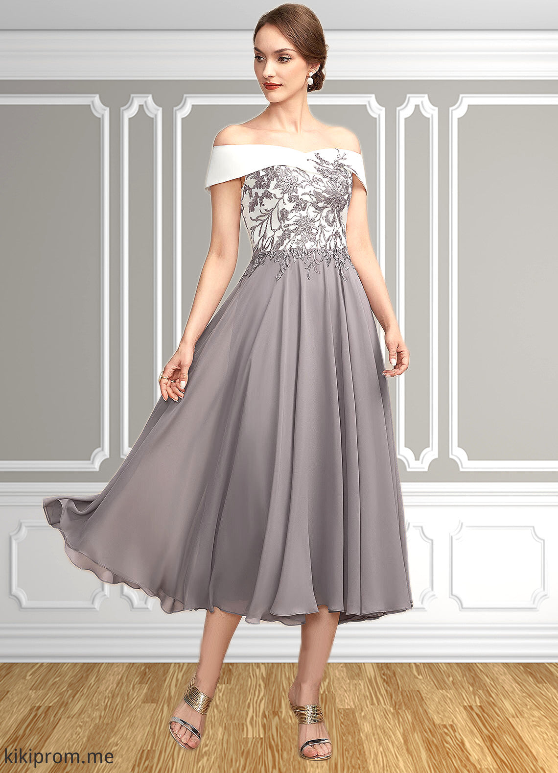 Taylor A-Line Off-the-Shoulder Tea-Length Chiffon Lace Mother of the Bride Dress STF126P0014680