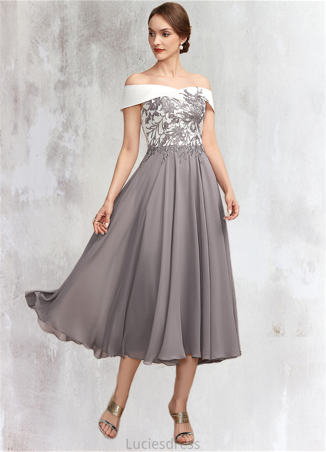 Sidney A-Line Off-the-Shoulder Tea-Length Chiffon Lace Mother of the Bride Dress HF126P0014680