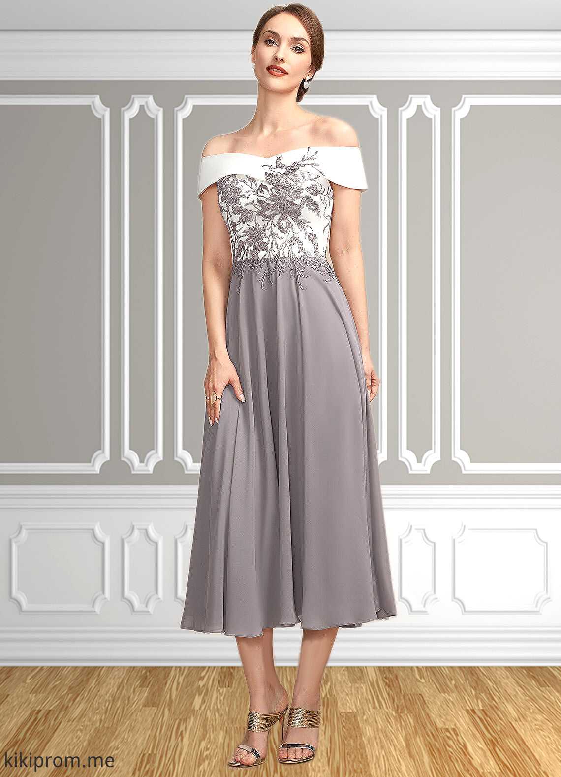 Taylor A-Line Off-the-Shoulder Tea-Length Chiffon Lace Mother of the Bride Dress STF126P0014680