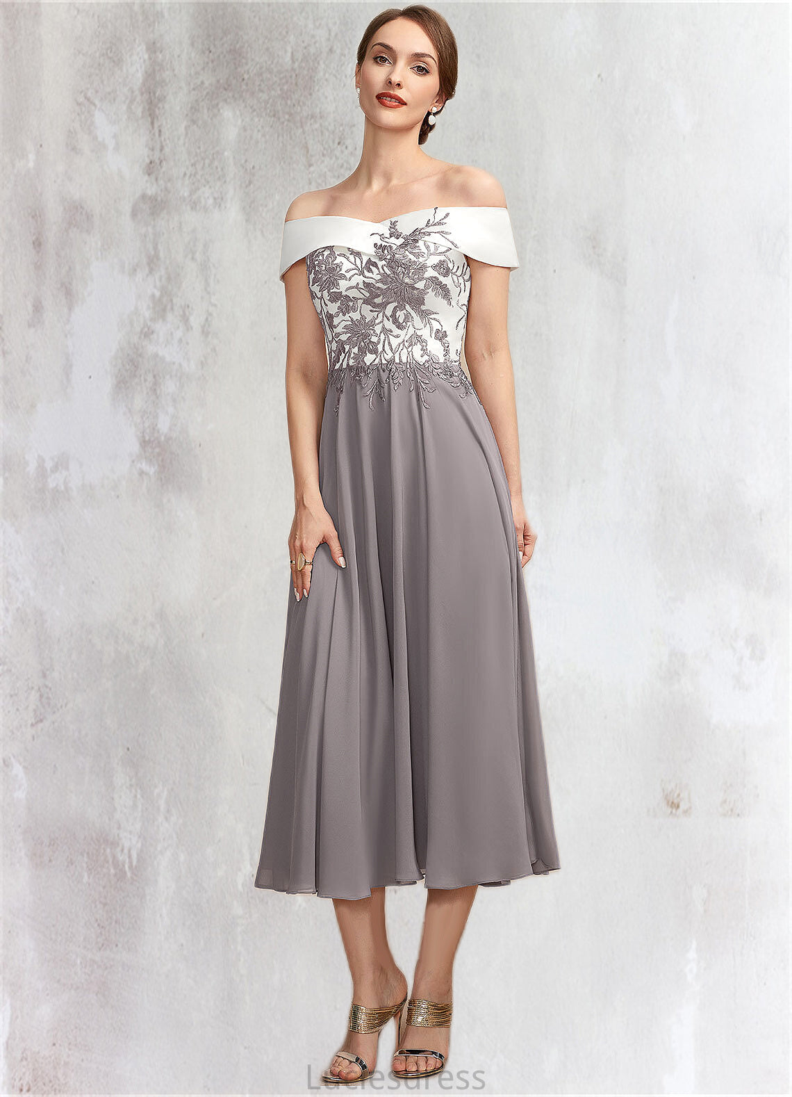 Sidney A-Line Off-the-Shoulder Tea-Length Chiffon Lace Mother of the Bride Dress HF126P0014680