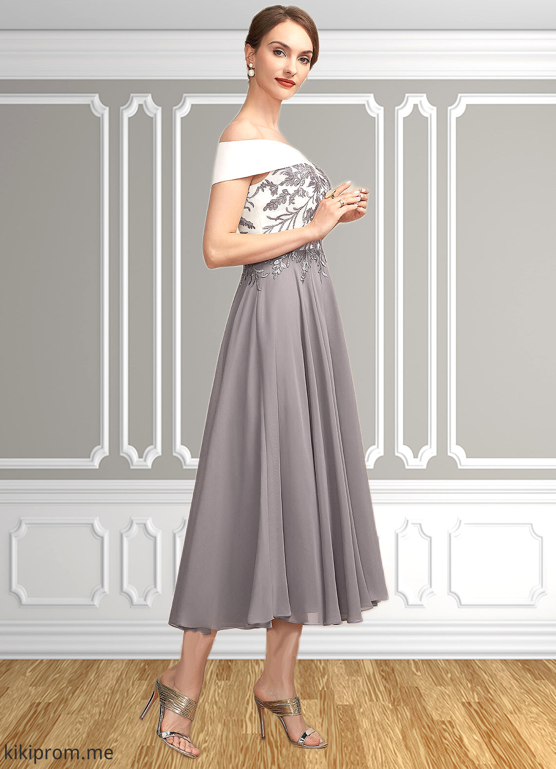 Taylor A-Line Off-the-Shoulder Tea-Length Chiffon Lace Mother of the Bride Dress STF126P0014680