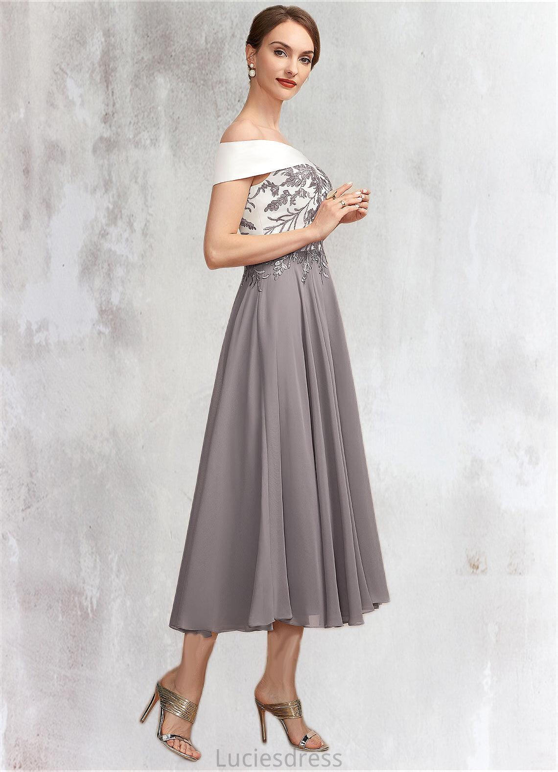 Sidney A-Line Off-the-Shoulder Tea-Length Chiffon Lace Mother of the Bride Dress HF126P0014680