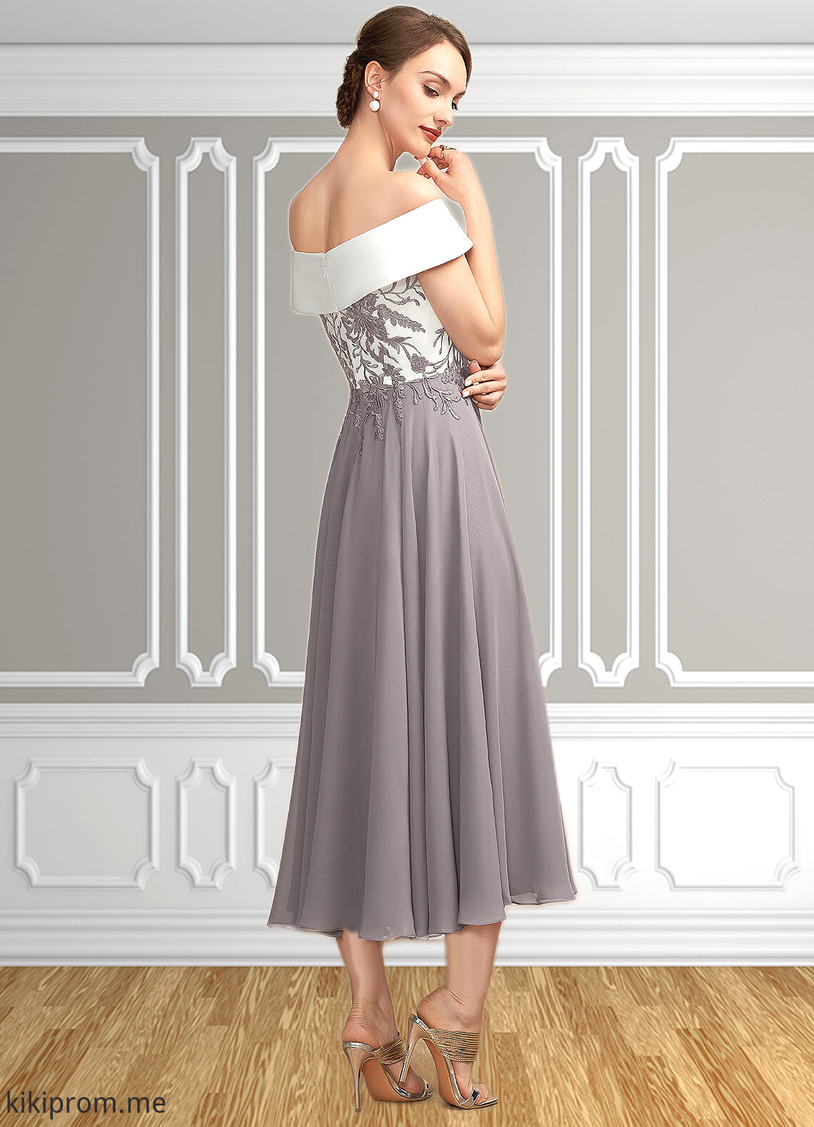 Taylor A-Line Off-the-Shoulder Tea-Length Chiffon Lace Mother of the Bride Dress STF126P0014680