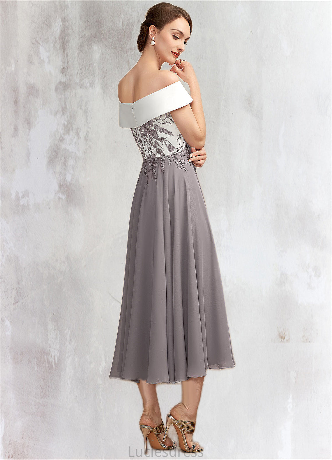 Sidney A-Line Off-the-Shoulder Tea-Length Chiffon Lace Mother of the Bride Dress HF126P0014680