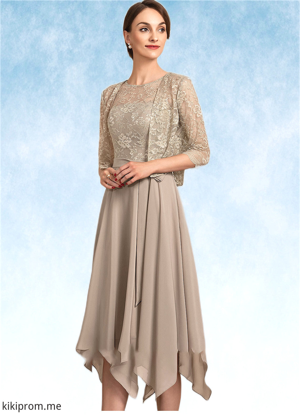 Annalise A-Line Scoop Neck Tea-Length Chiffon Lace Mother of the Bride Dress With Bow(s) STF126P0014681