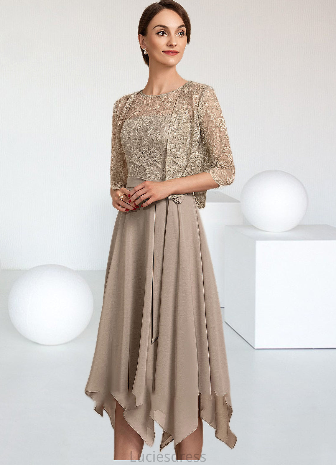 Jane A-Line Scoop Neck Tea-Length Chiffon Lace Mother of the Bride Dress With Bow(s) HF126P0014681