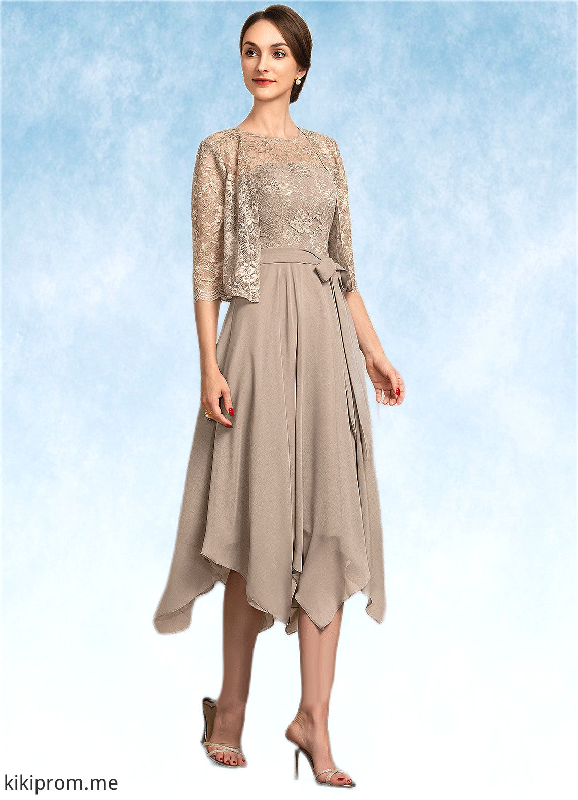 Annalise A-Line Scoop Neck Tea-Length Chiffon Lace Mother of the Bride Dress With Bow(s) STF126P0014681