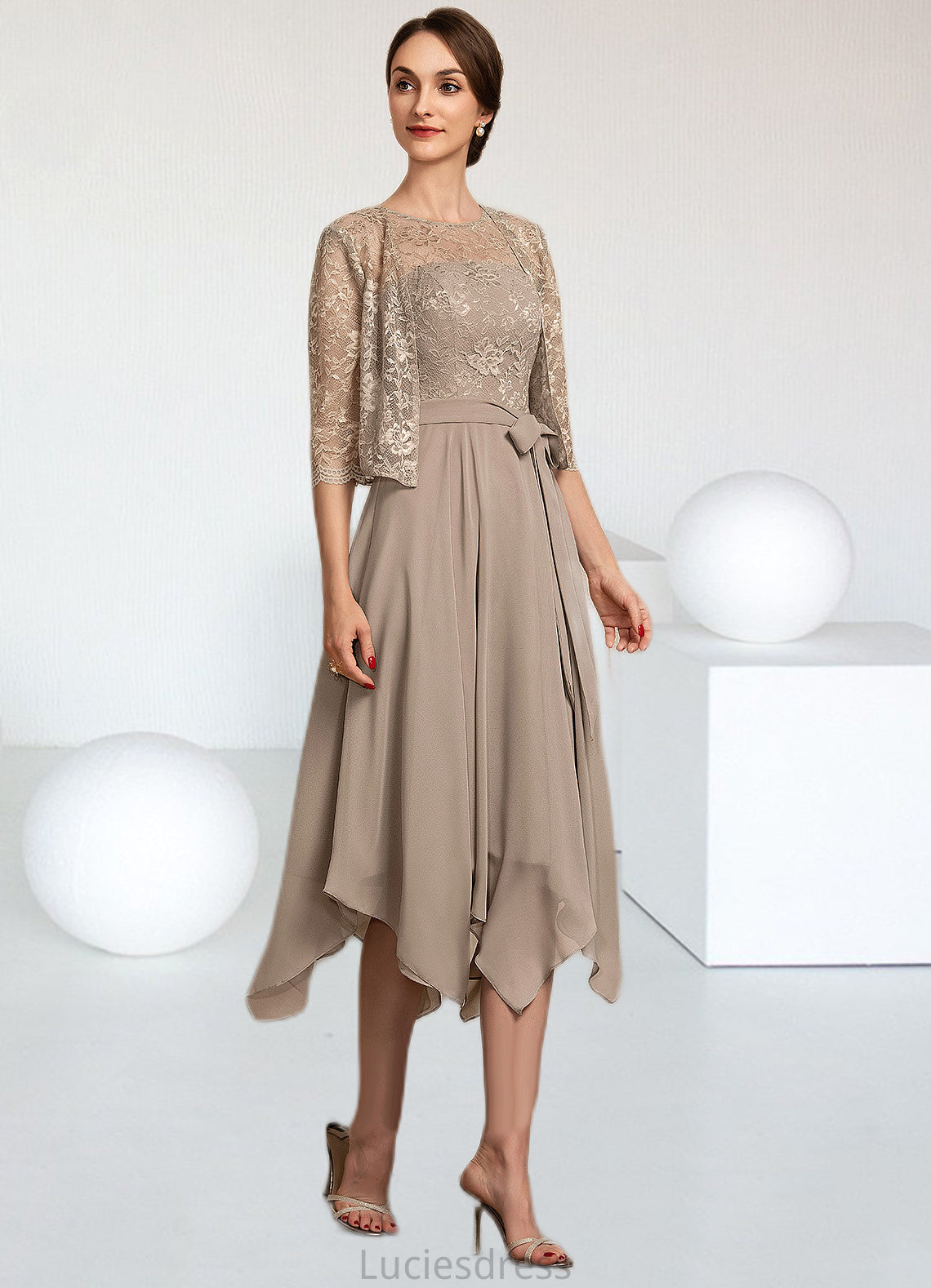 Jane A-Line Scoop Neck Tea-Length Chiffon Lace Mother of the Bride Dress With Bow(s) HF126P0014681