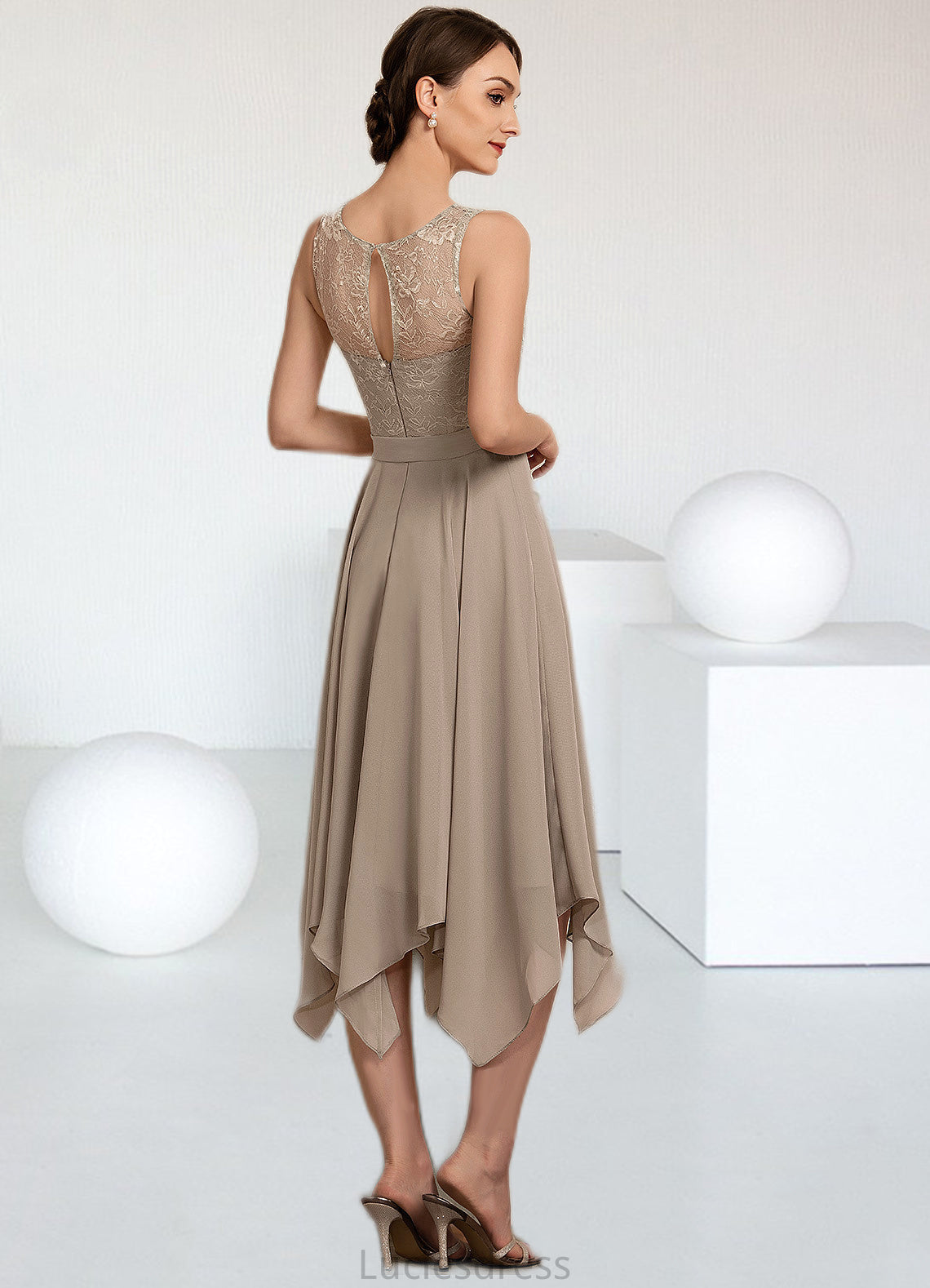 Jane A-Line Scoop Neck Tea-Length Chiffon Lace Mother of the Bride Dress With Bow(s) HF126P0014681