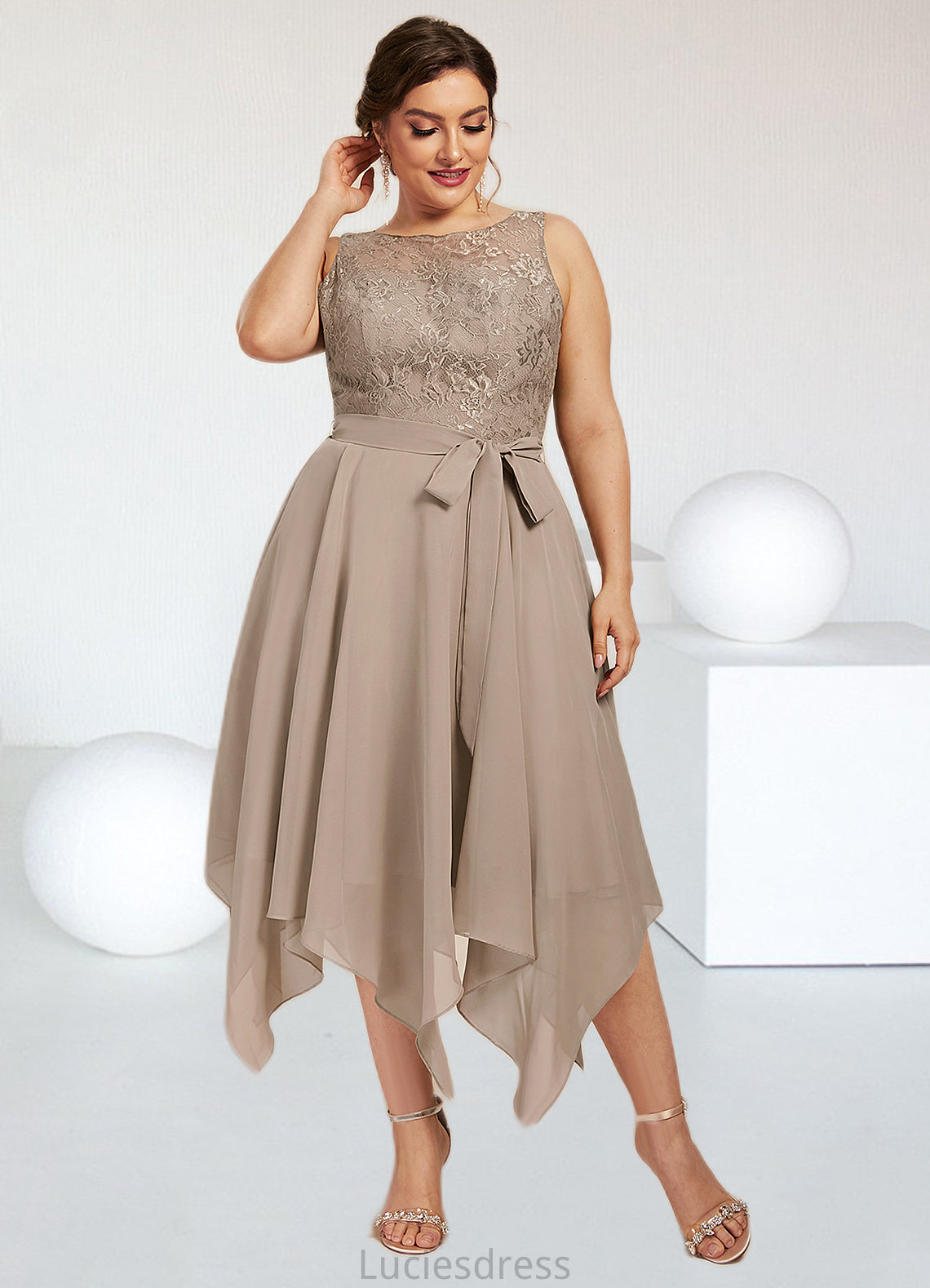 Jane A-Line Scoop Neck Tea-Length Chiffon Lace Mother of the Bride Dress With Bow(s) HF126P0014681