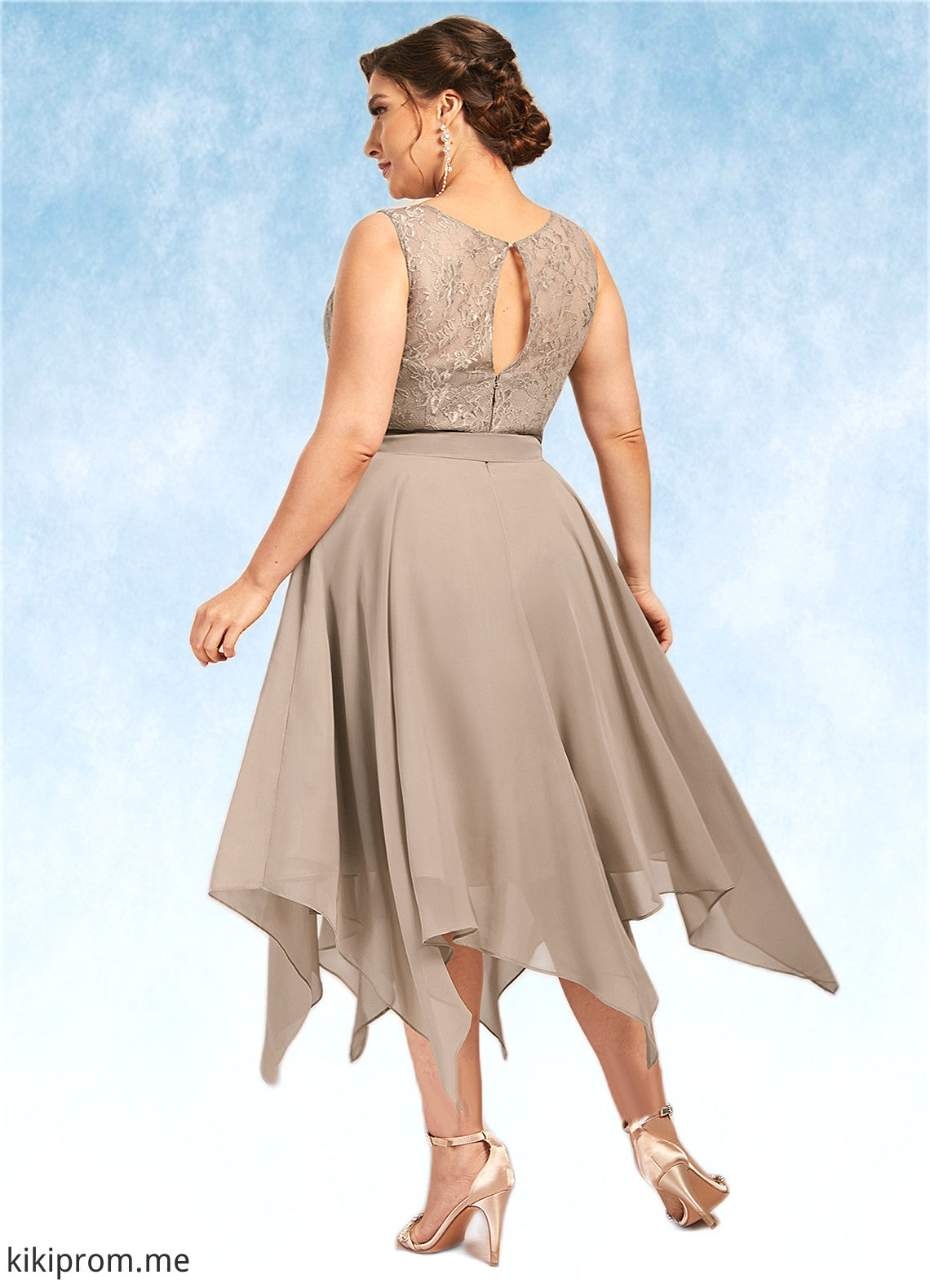 Annalise A-Line Scoop Neck Tea-Length Chiffon Lace Mother of the Bride Dress With Bow(s) STF126P0014681