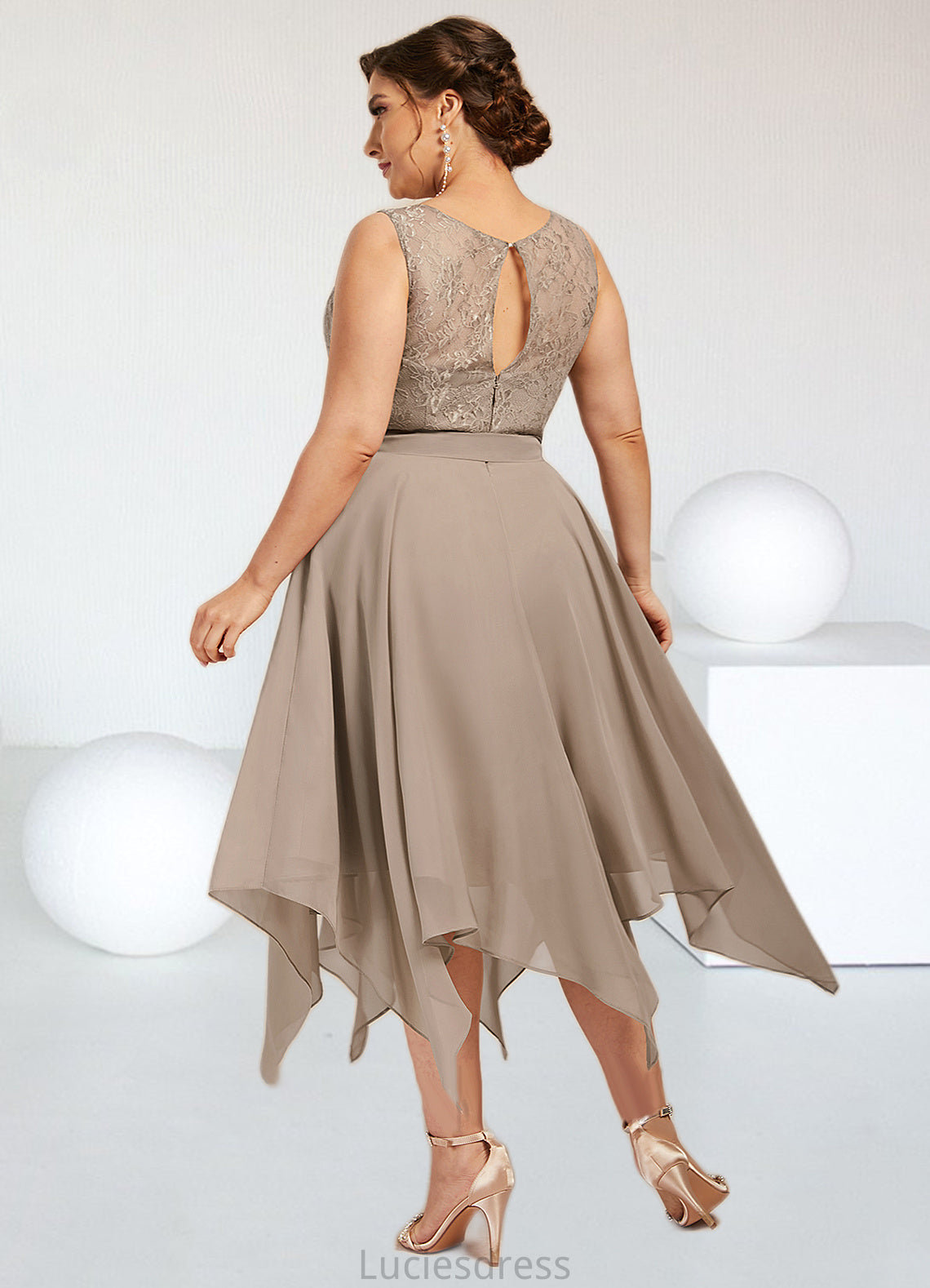 Jane A-Line Scoop Neck Tea-Length Chiffon Lace Mother of the Bride Dress With Bow(s) HF126P0014681