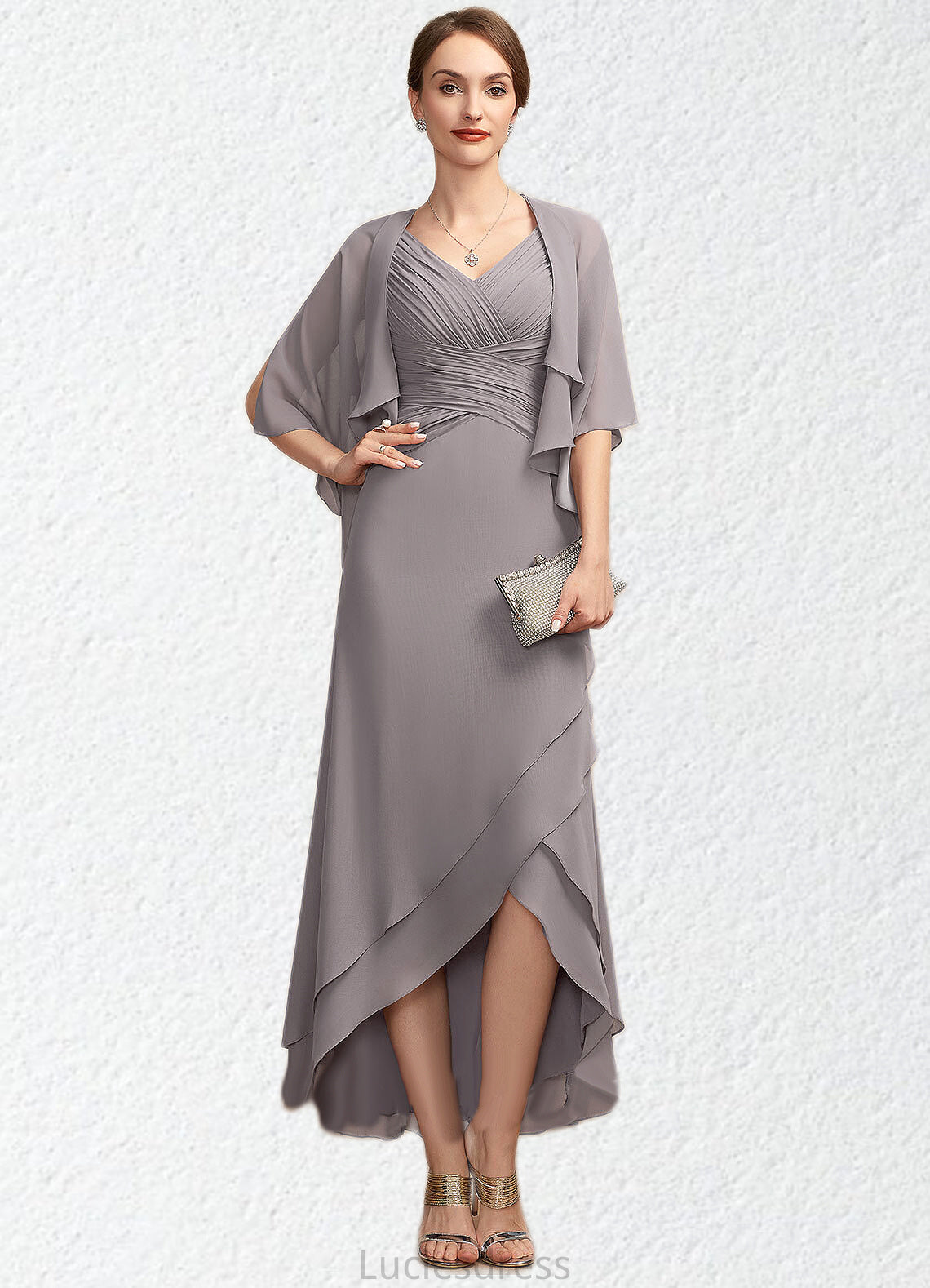 Piper A-Line V-neck Asymmetrical Chiffon Mother of the Bride Dress With Ruffle HF126P0014682