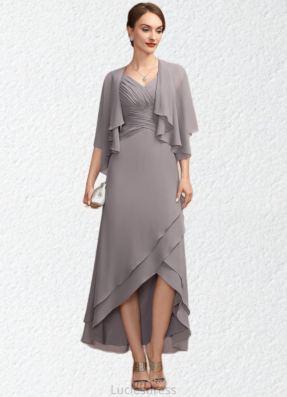 Piper A-Line V-neck Asymmetrical Chiffon Mother of the Bride Dress With Ruffle HF126P0014682