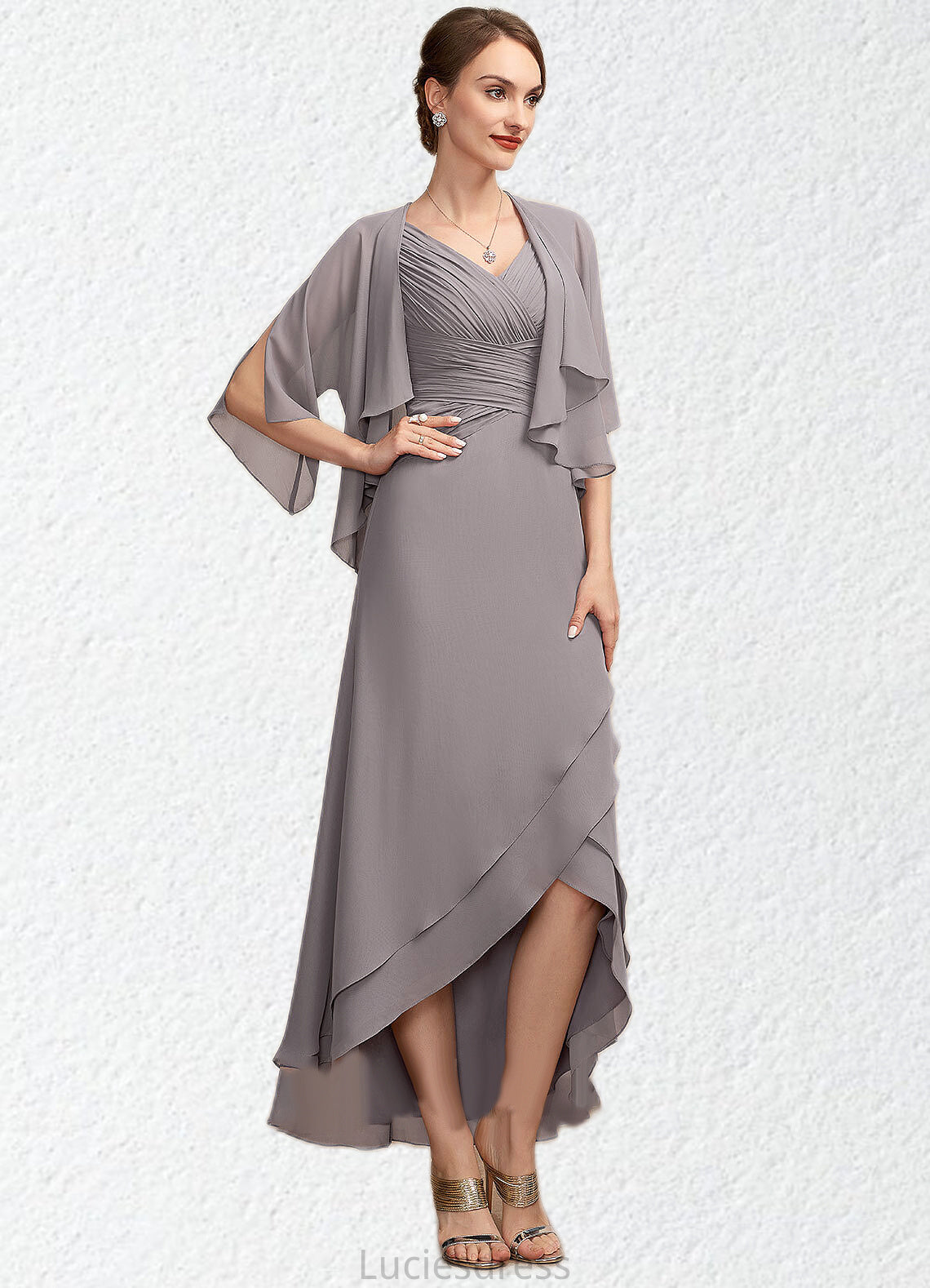 Piper A-Line V-neck Asymmetrical Chiffon Mother of the Bride Dress With Ruffle HF126P0014682