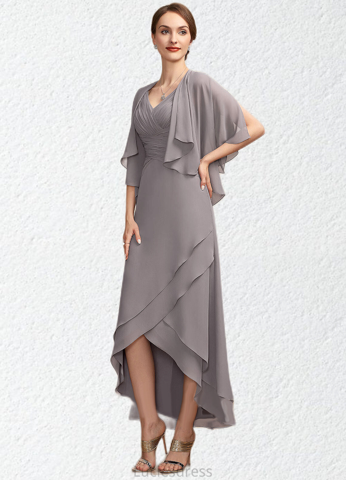 Piper A-Line V-neck Asymmetrical Chiffon Mother of the Bride Dress With Ruffle HF126P0014682