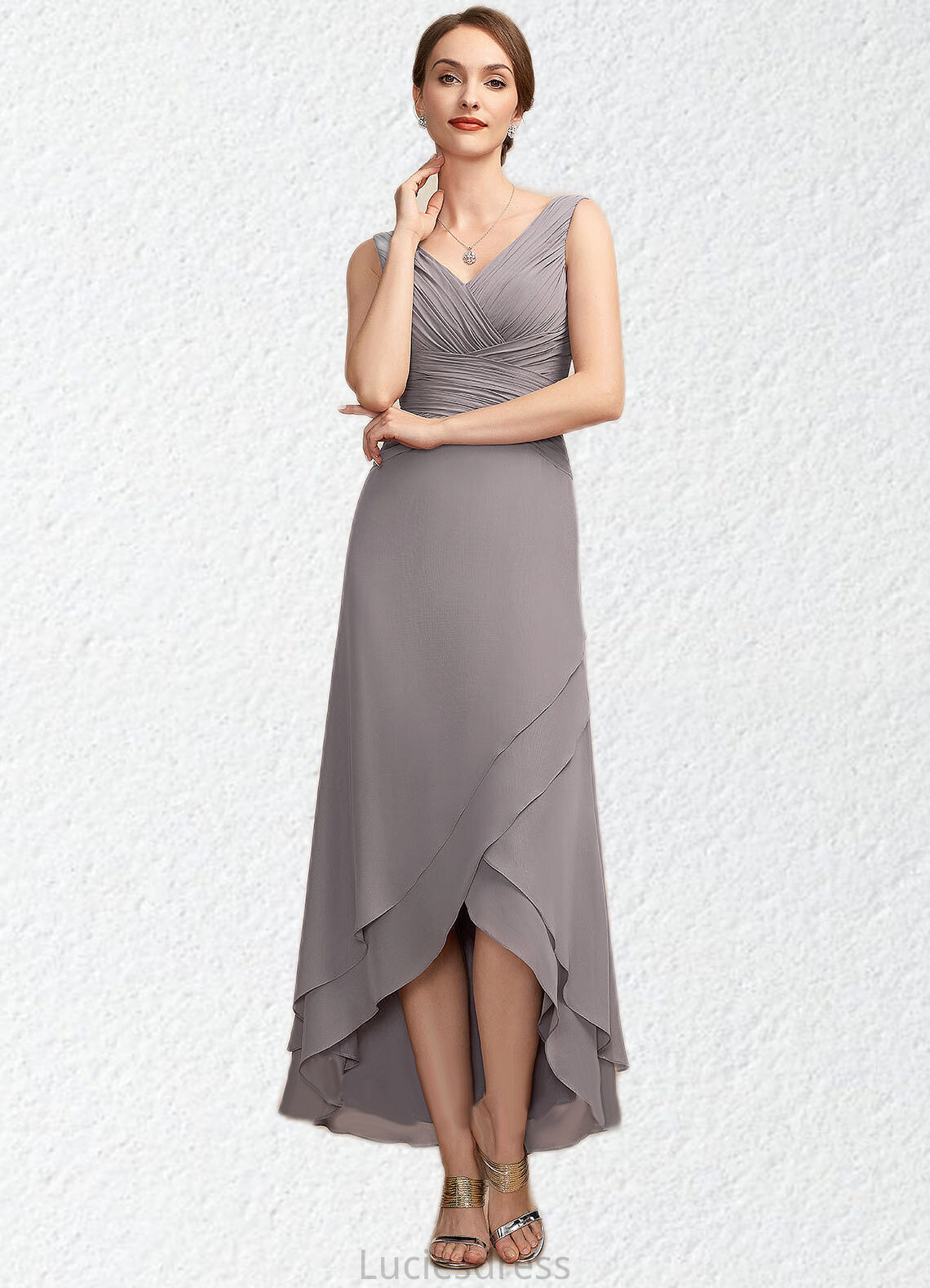 Piper A-Line V-neck Asymmetrical Chiffon Mother of the Bride Dress With Ruffle HF126P0014682